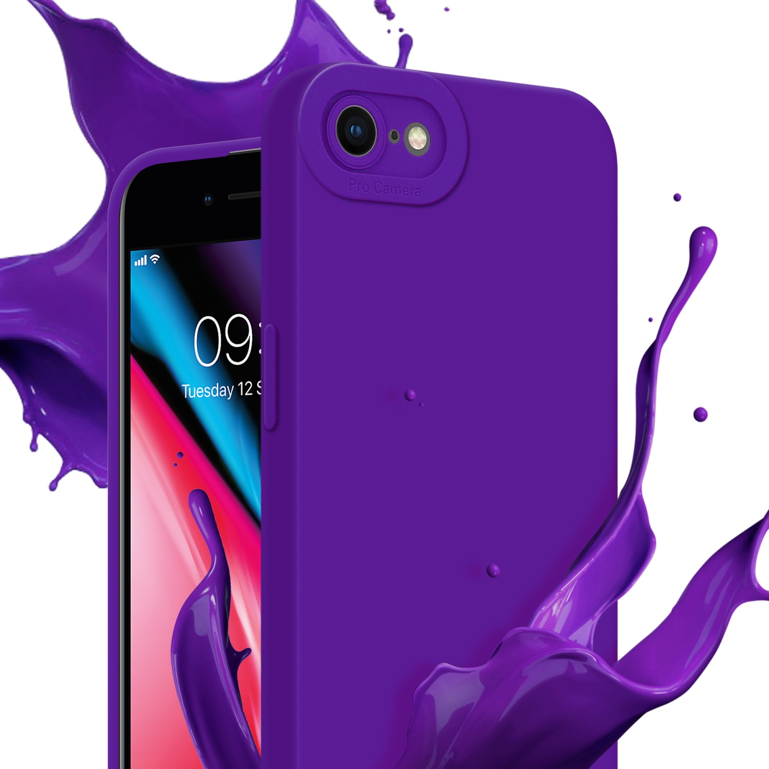 Una custodia viola per telefono con lenti della fotocamera ed effetto spruzzo viola su sfondo bianco.