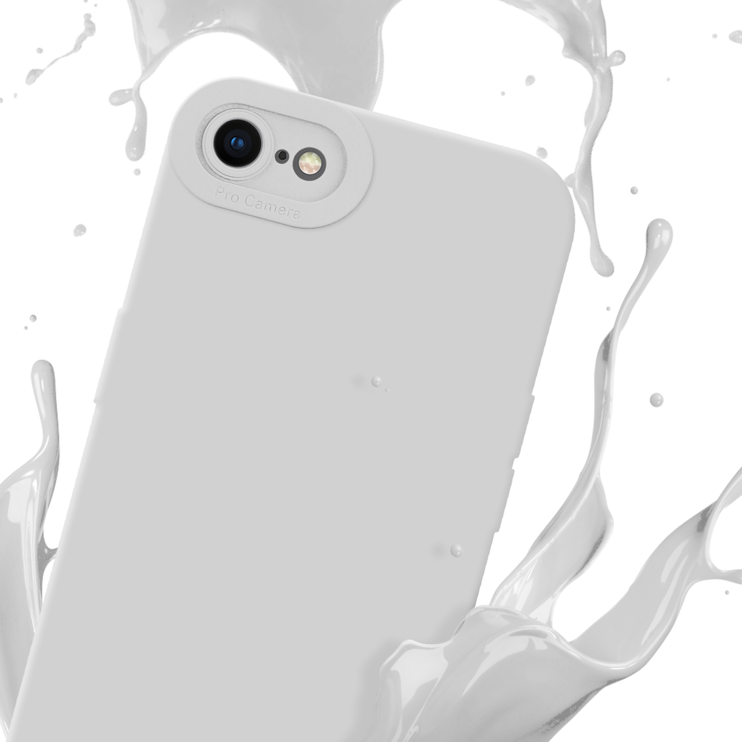 Un telefono bianco in una custodia bianca è circondato da schizzi di liquido bianco su uno sfondo bianco.