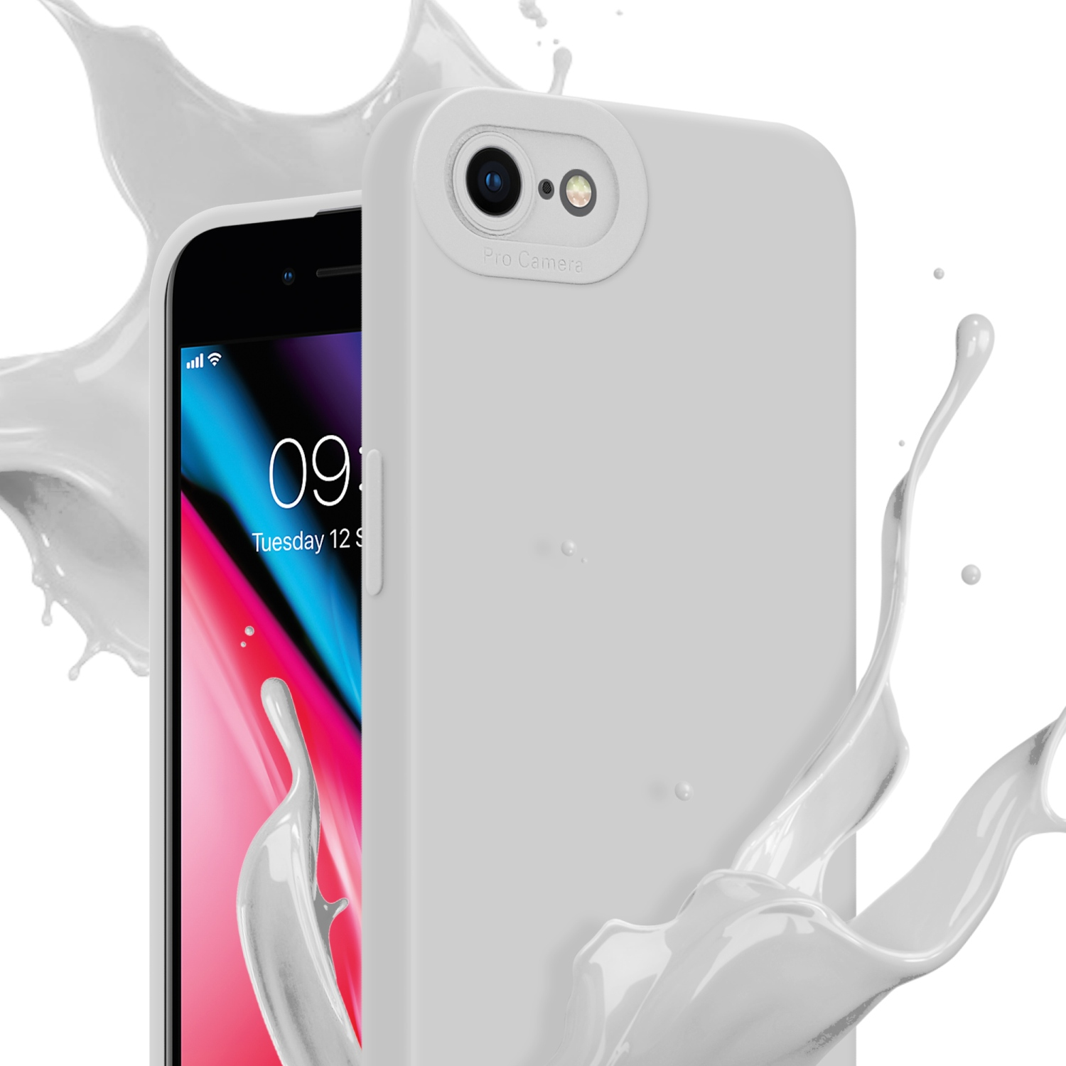 Una custodia bianca con un telefono all'interno, con schizzi di liquido bianco intorno alla custodia.