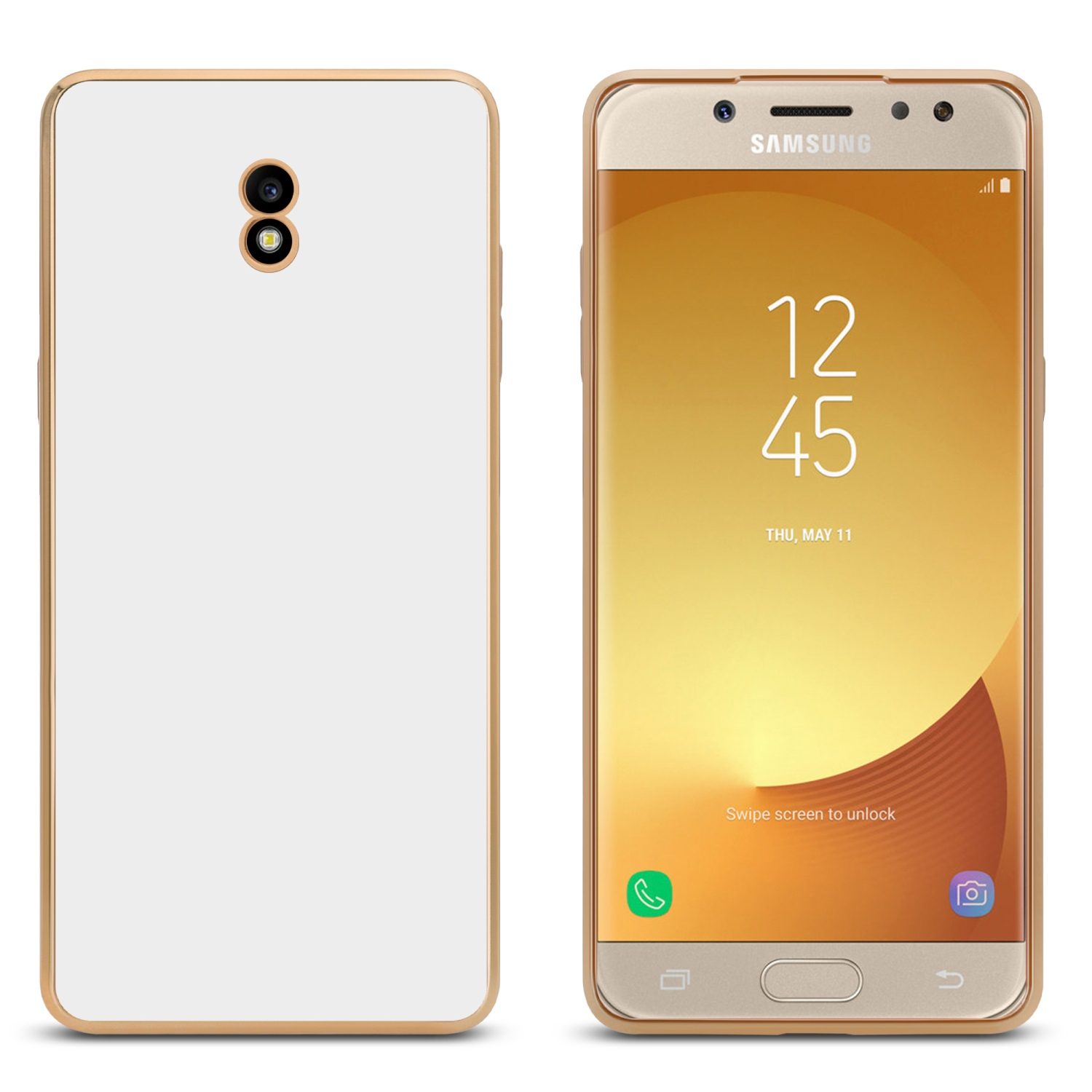 Weiße Handyhülle und Telefon. Telefon zeigt Zeit und Samsung-Logo.