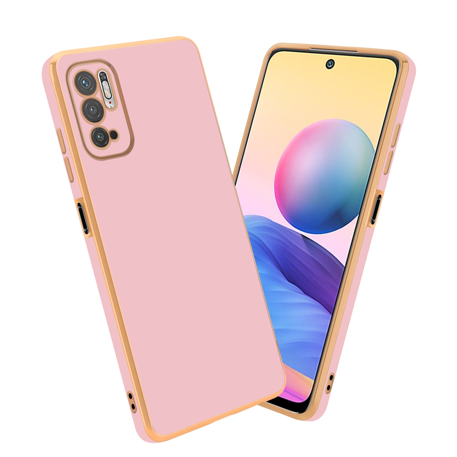 Zwei rosa Handyhüllen mit goldenem Rand, eine mit Telefon darin. Weißer Hintergrund.