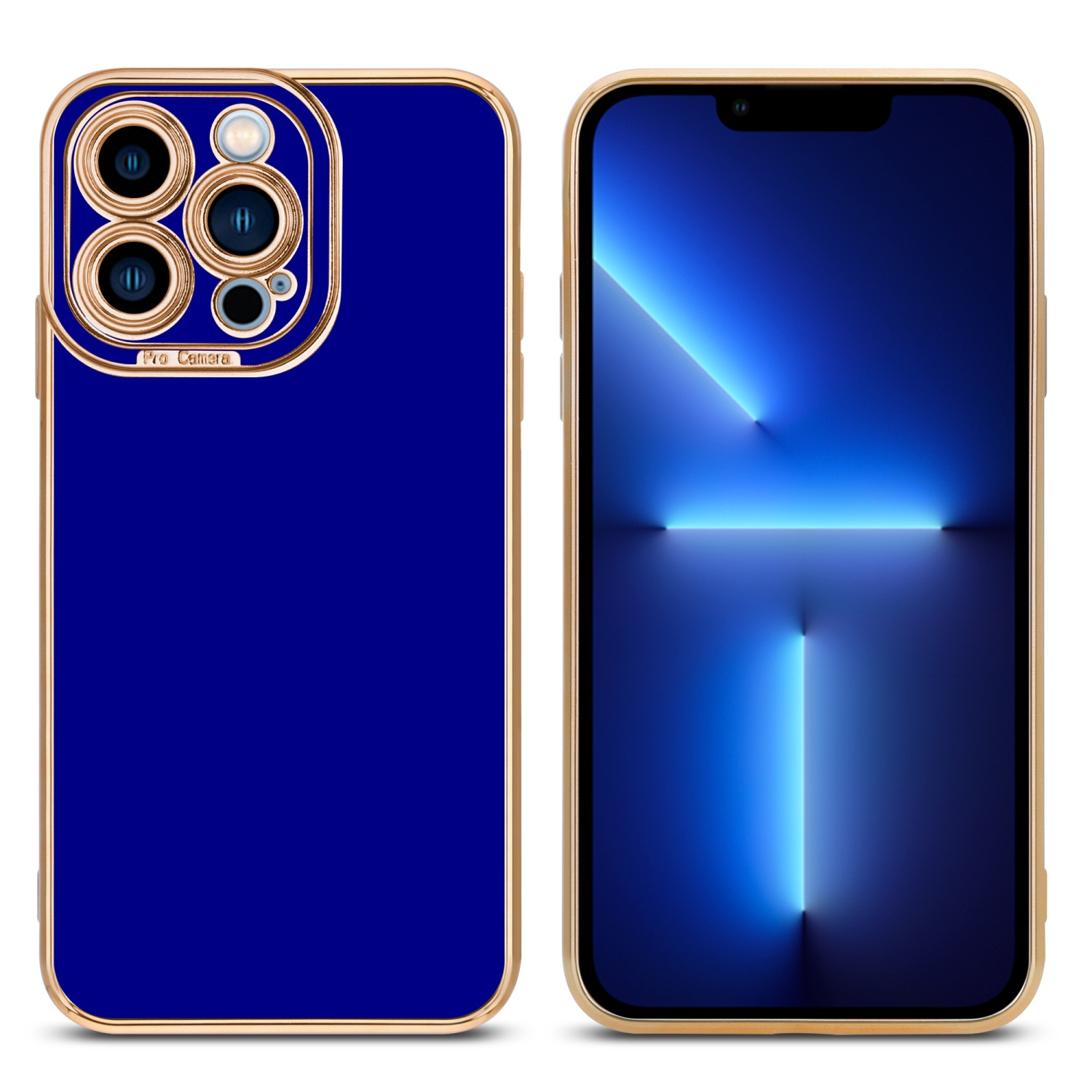Eine blaue Handyhülle mit goldenem Rahmen. Das Telefon ist links, der Bildschirm rechts sichtbar.
