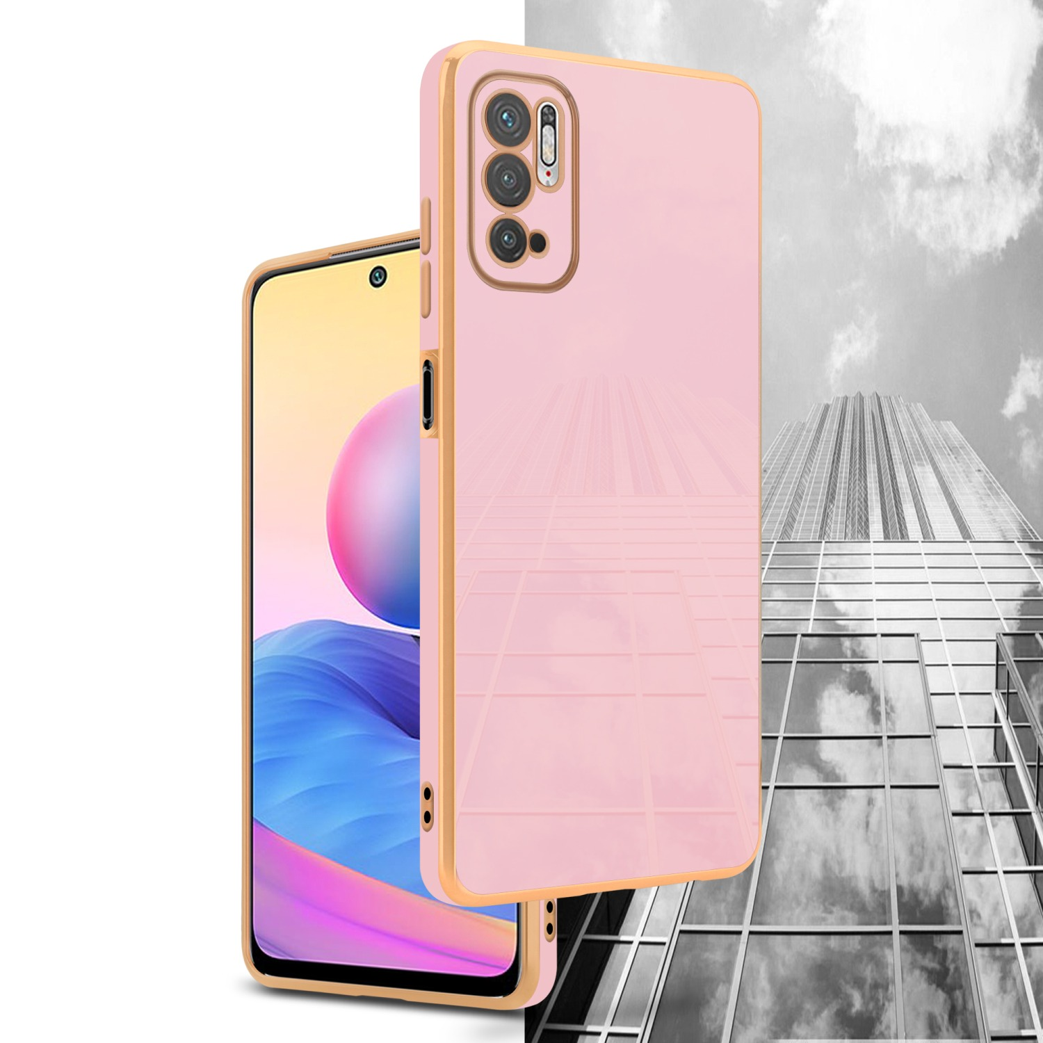 Rosa Handyhülle und Telefon, goldfarbene Einfassung, mit Glasgebäude im Hintergrund.