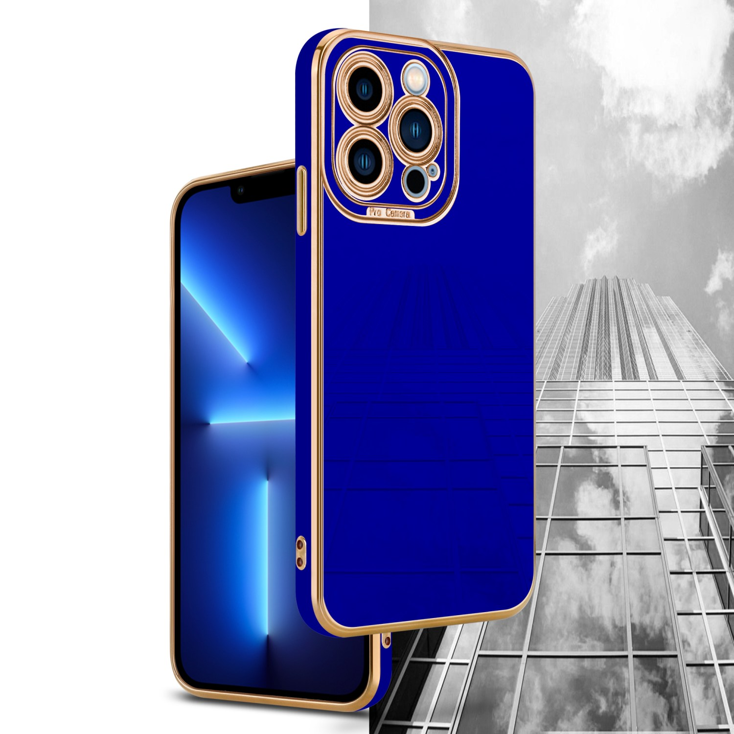 Blaue Handyhülle mit goldenem Rahmen, Telefonbildschirm im Hintergrund.