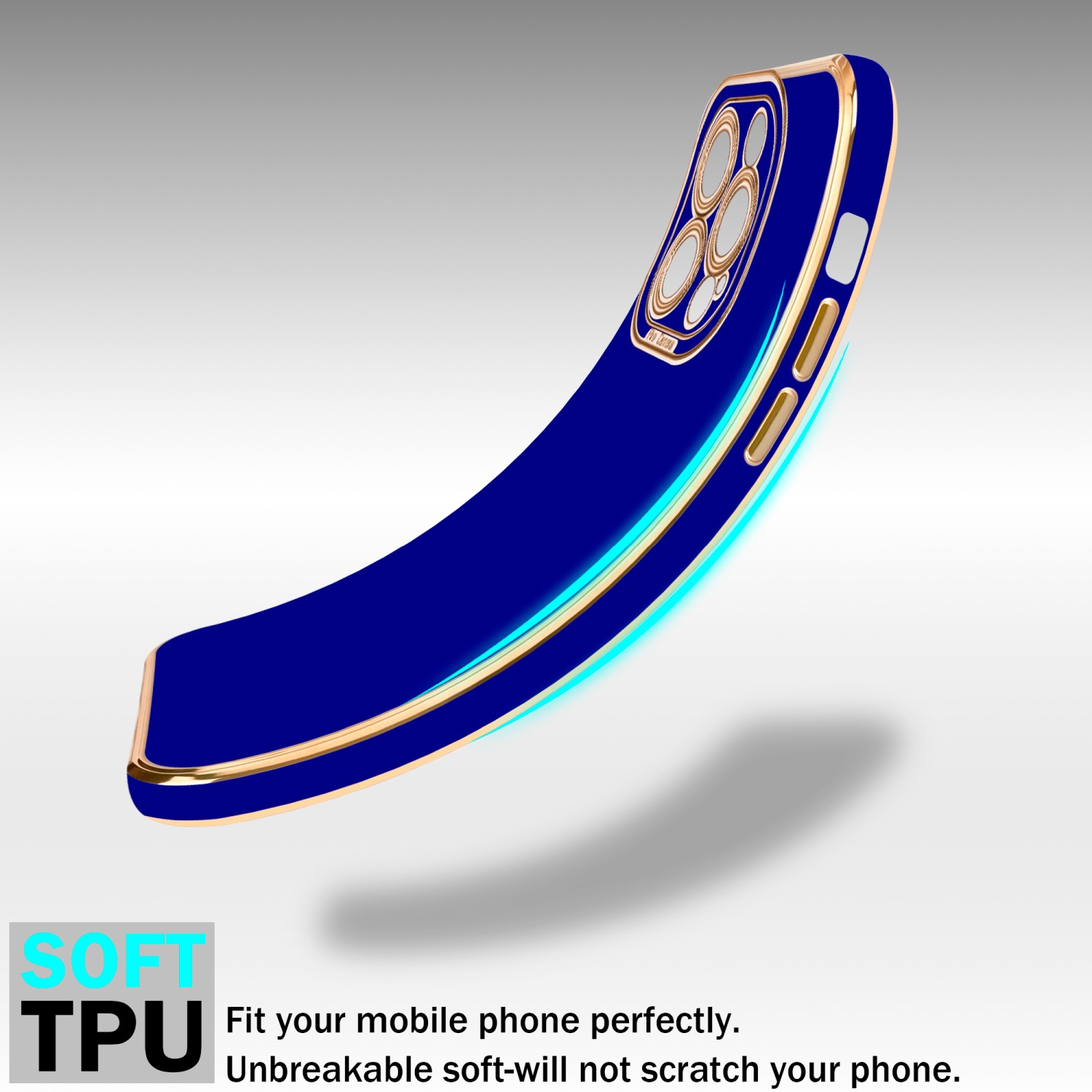 Blaue Handyhülle mit Goldkanten. Das Telefon befindet sich auf weißem Hintergrund.