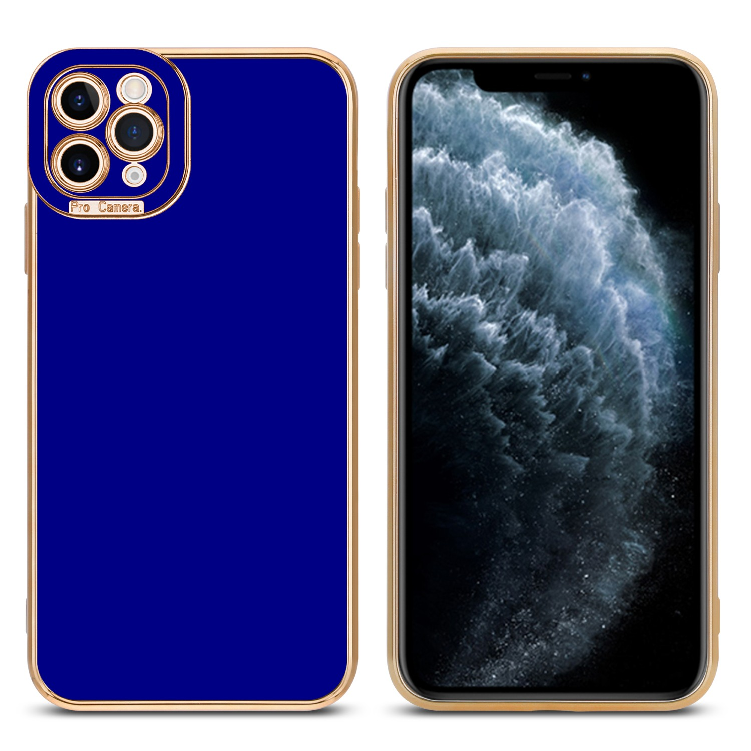 CADORABO Schutzhülle mit Kameraschutz, Backcover, PRO MAX, Rosé Apple, 11 Glossy - Gold Blau iPhone