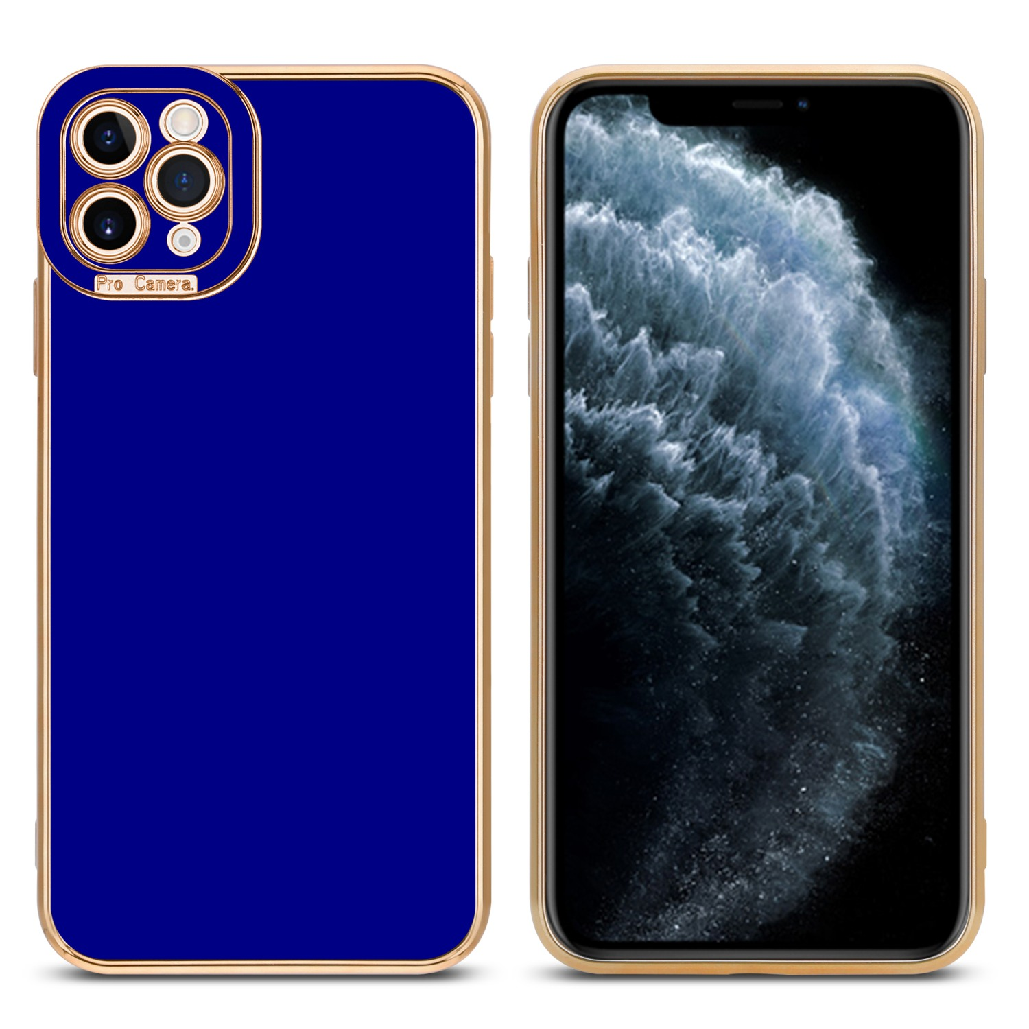 Zwei Smartphones, blaue Hülle mit goldenem Rahmen und ein Telefonbildschirm mit Wasserbild.