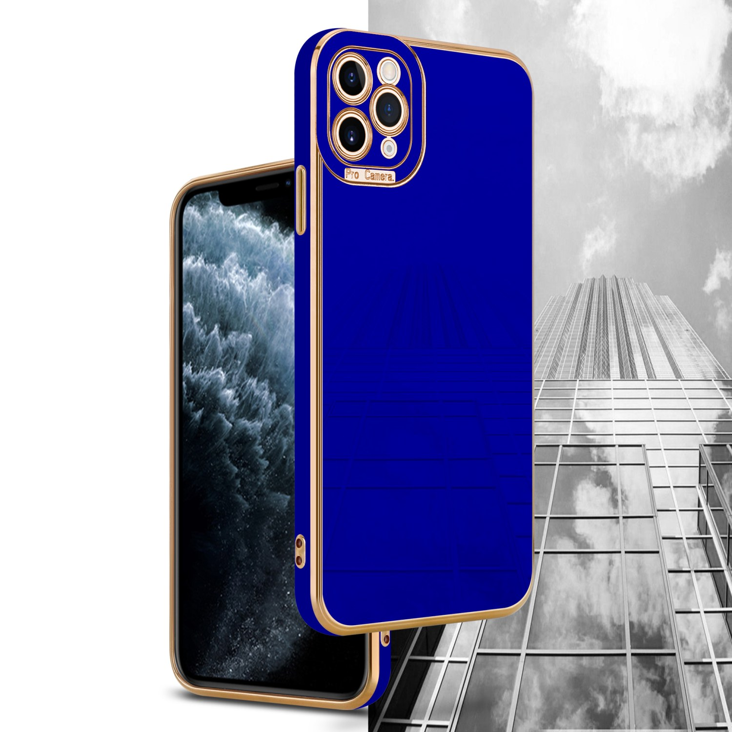Eine blaue Handyhülle mit goldfarbenem Rand auf einem Telefon vor einem Wolkenkratzer.