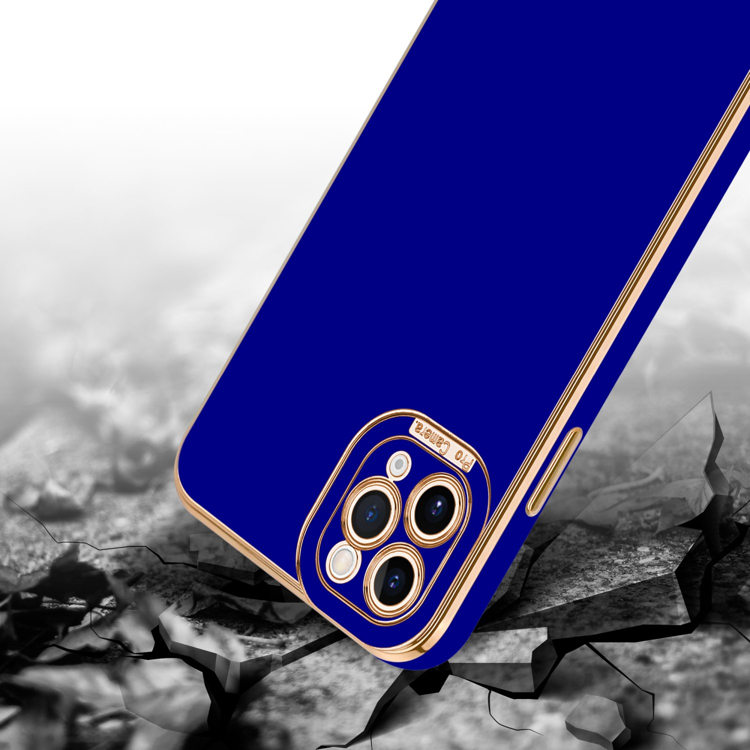 Blaue Handyhülle mit Kamera, Rissbodeneffekt.