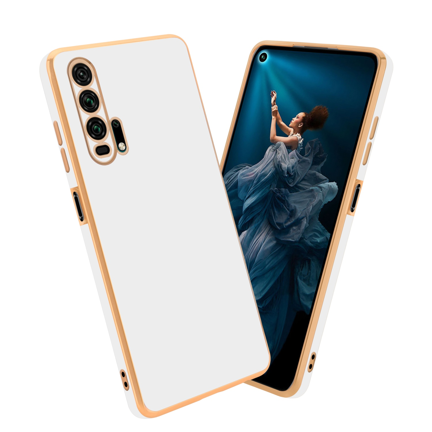 Zwei weiße Handyhüllen. Eine schlicht, goldumrandet. Die andere hat einen Telefonbildschirm, Goldbesatz.