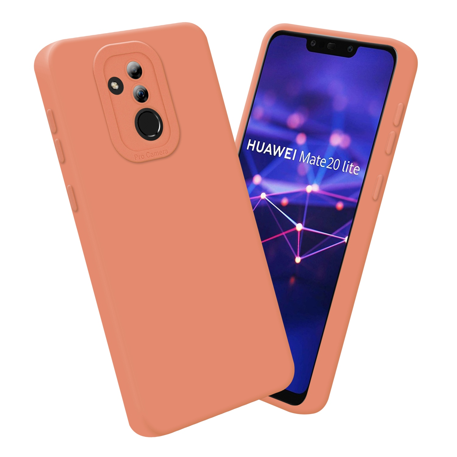 Un telefono arancione con custodia arancione. Lo schermo mostra 'HUAWEI Mate 20 lite'.