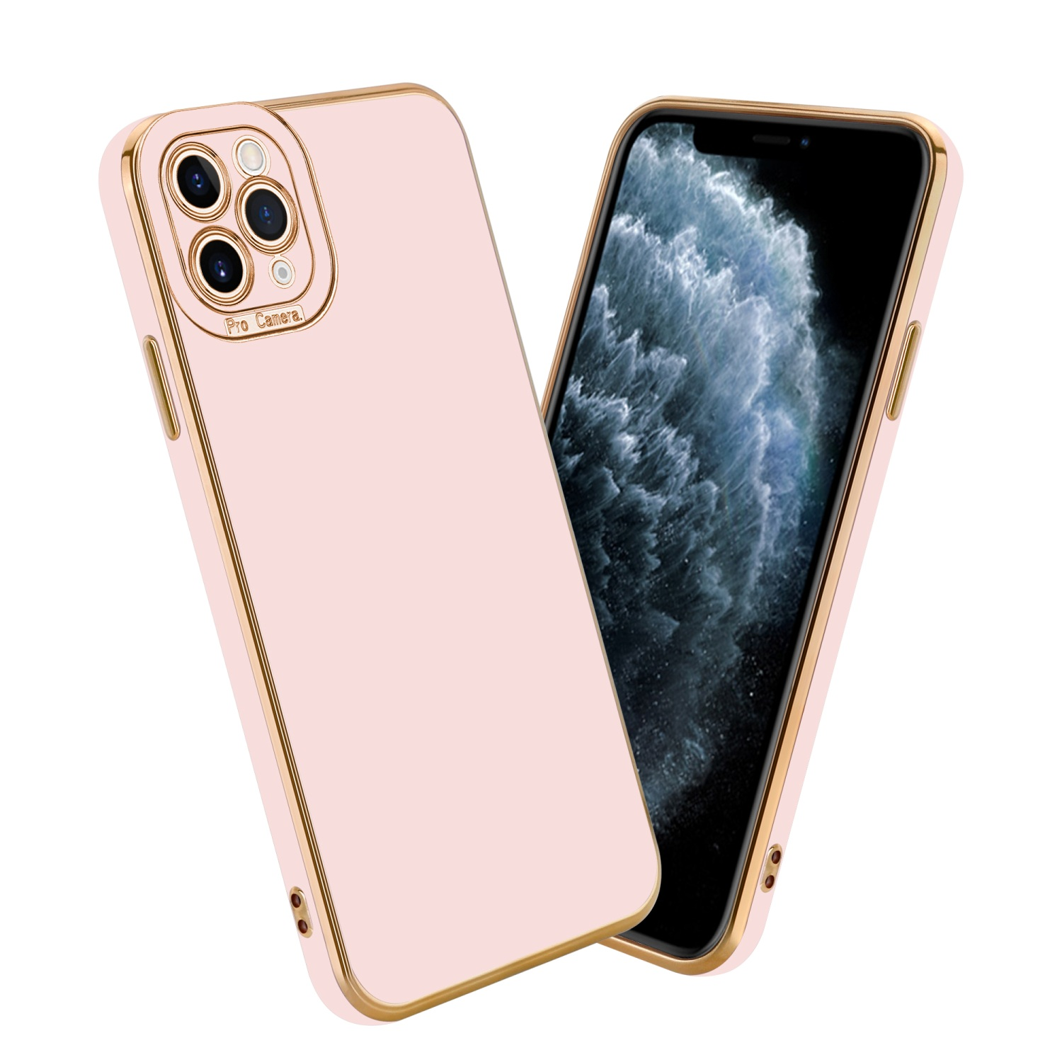 Rosa Handyhülle mit goldenem Besatz, mit einem Telefon rechts. Das Display zeigt die Uhrzeit und ein Schloss-Symbol.