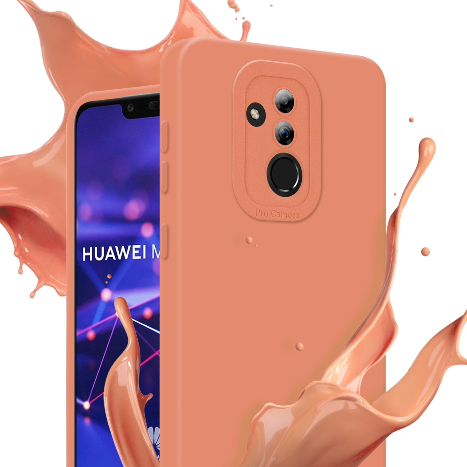 Un telefono in una custodia arancione, con uno spruzzo di liquido arancione intorno. Lo schermo è visibile.