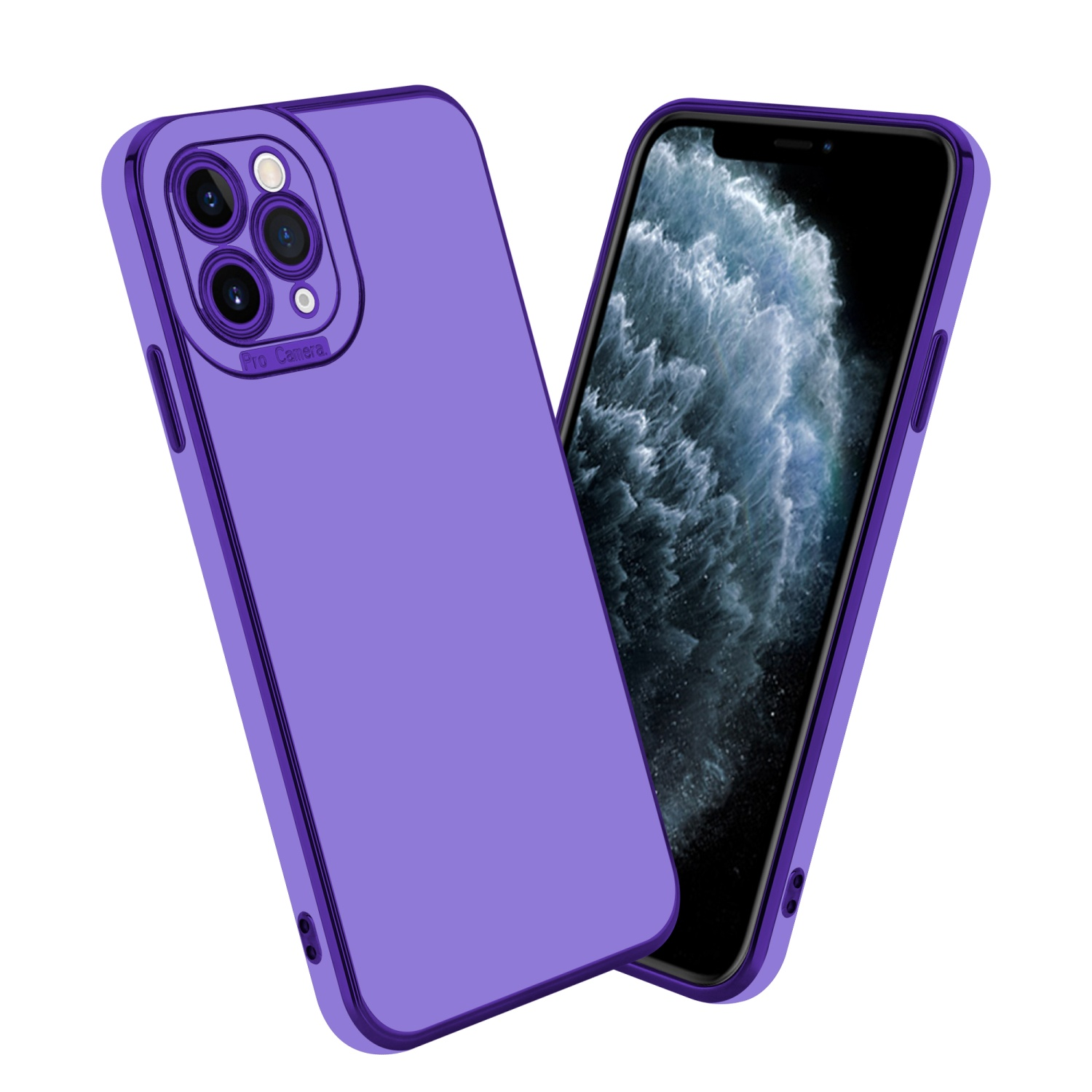 Zwei lila Handyhüllen. Eine Hülle ist auf dem Telefon, die andere ist zum Betrachter geneigt.