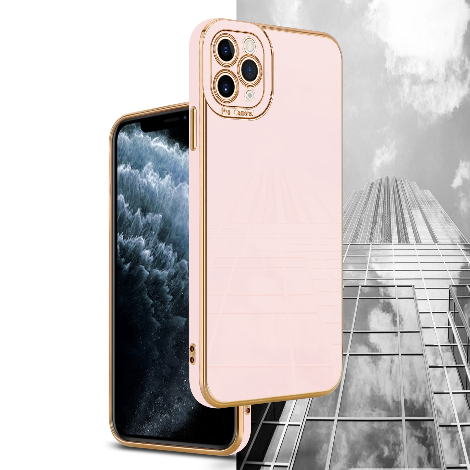 Pinkfarbene Handyhülle mit goldenem Rand auf dem Telefon. Schwarzes Telefon vorne. Gebäudehintergrund.