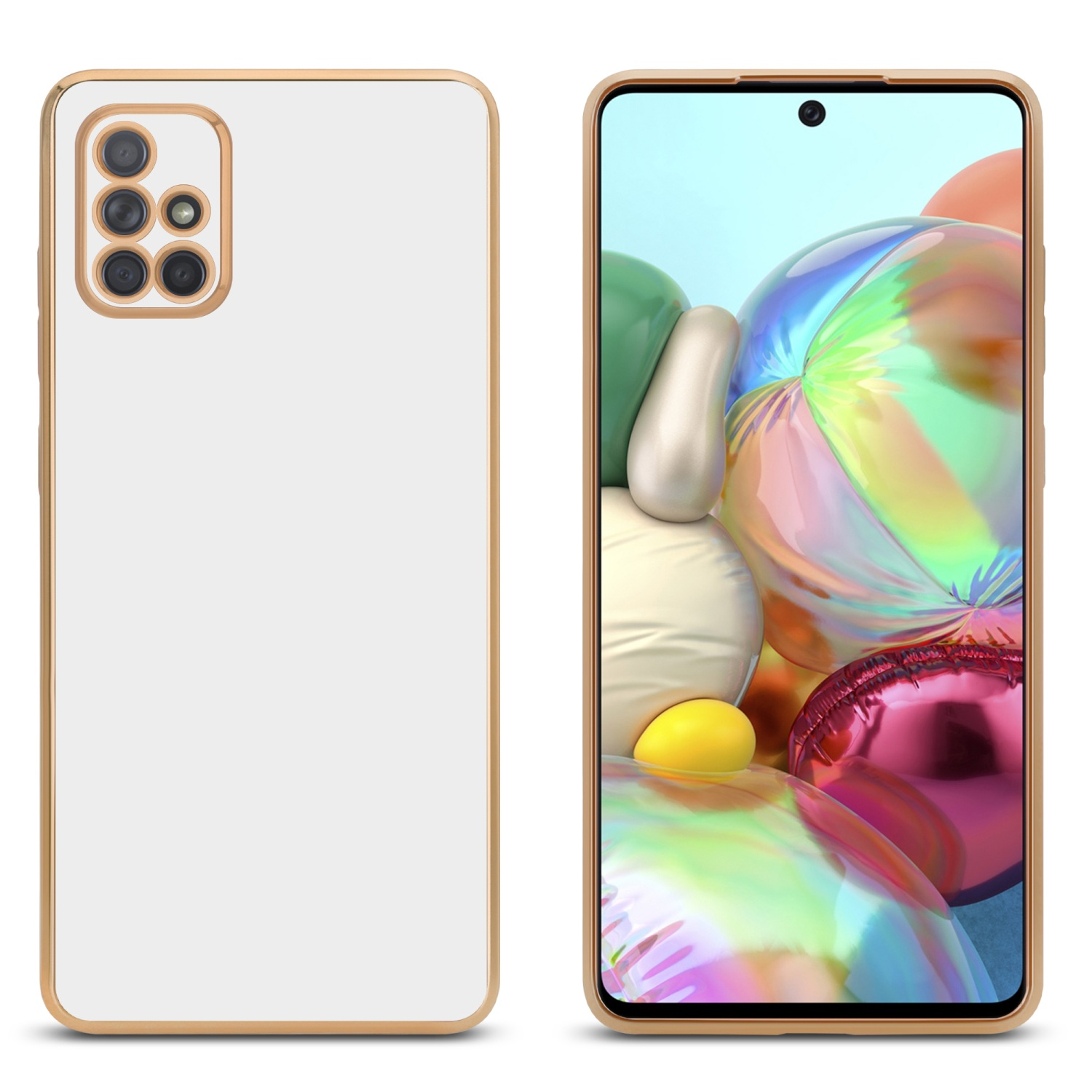 Handyhülle mit Telefon, weißer Hintergrund.