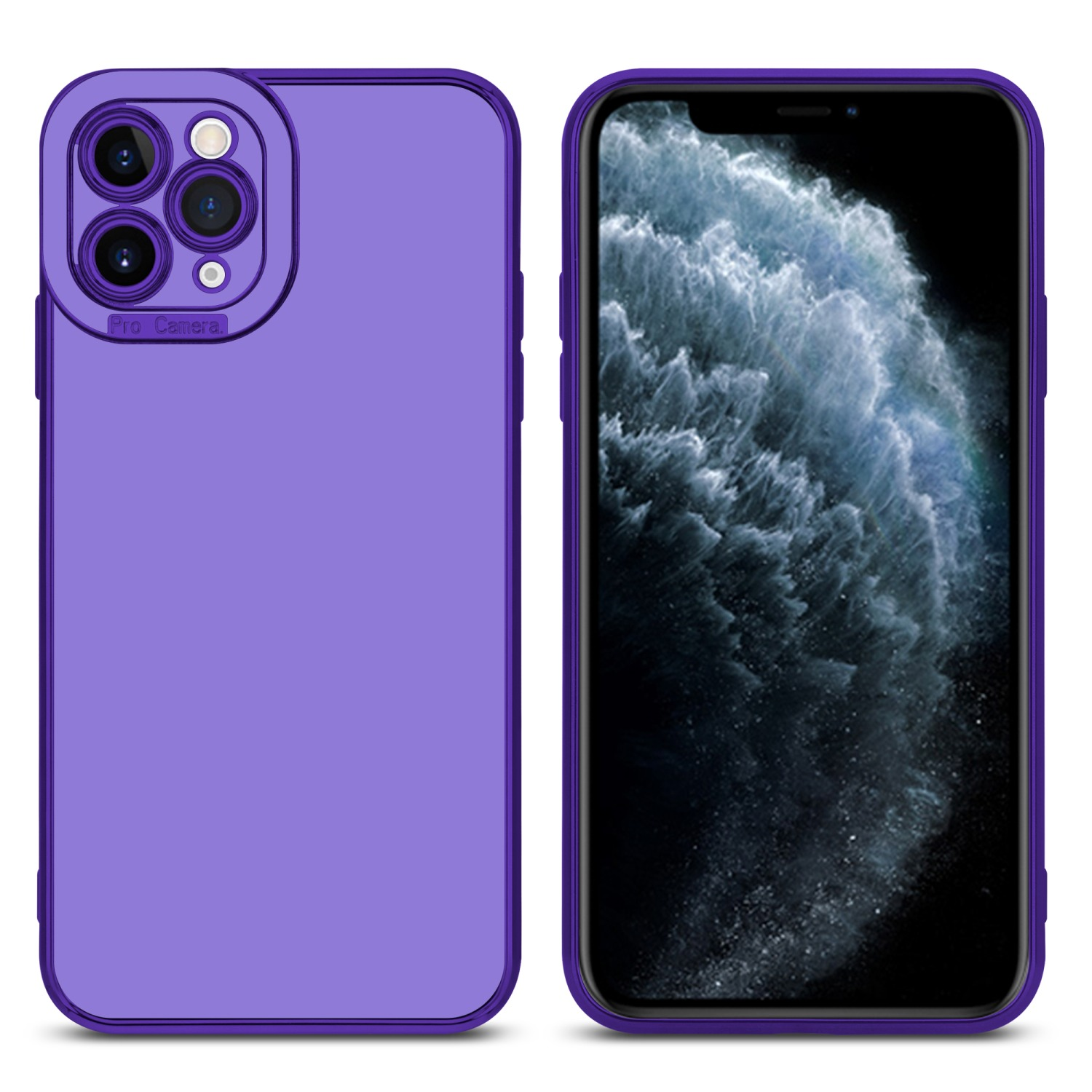 Lilafarbene Handyhülle. Telefon darin. Pro-Kamera-Etikett. Dunkler Hintergrund.