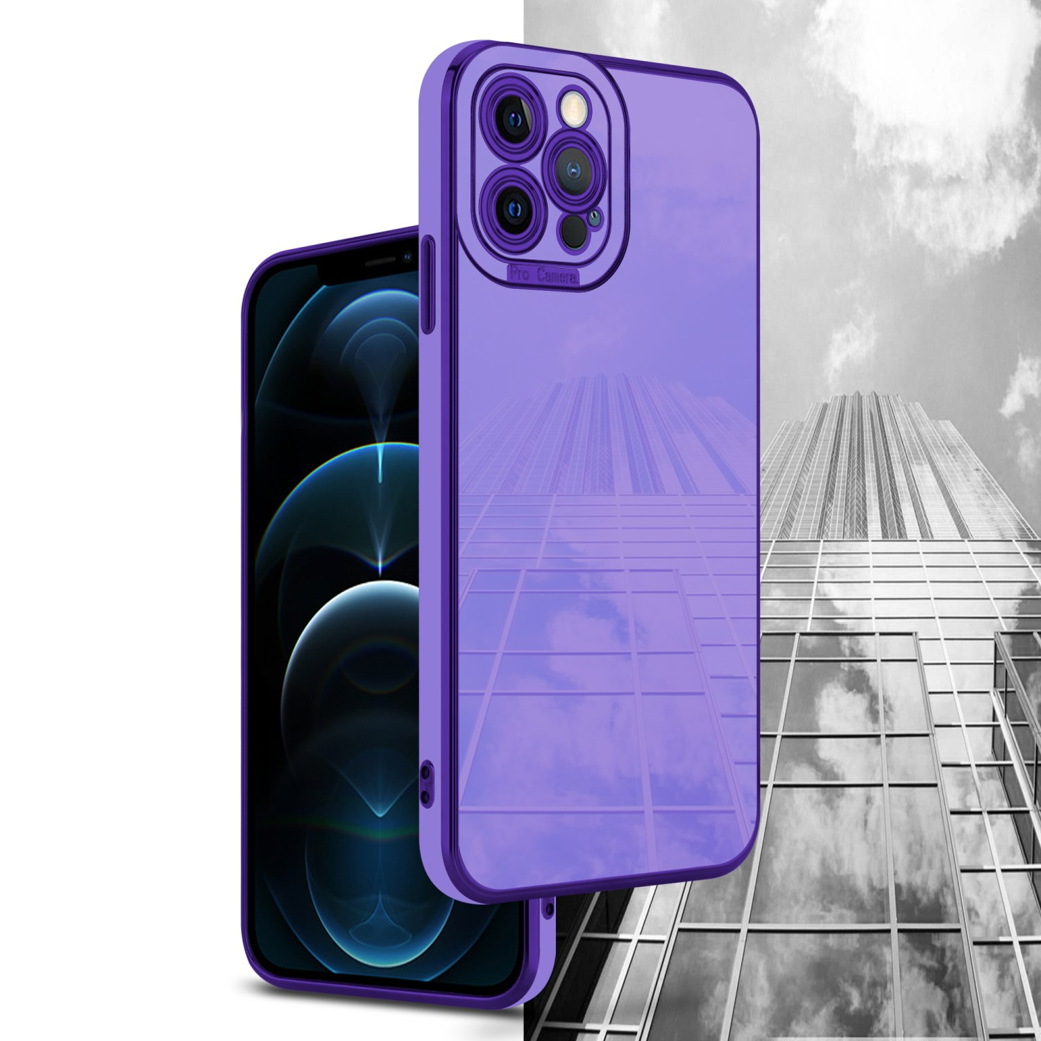 Lila Telefon und Hülle. Im Hintergrund ist ein Gebäude. Die Handyhülle ist lila.