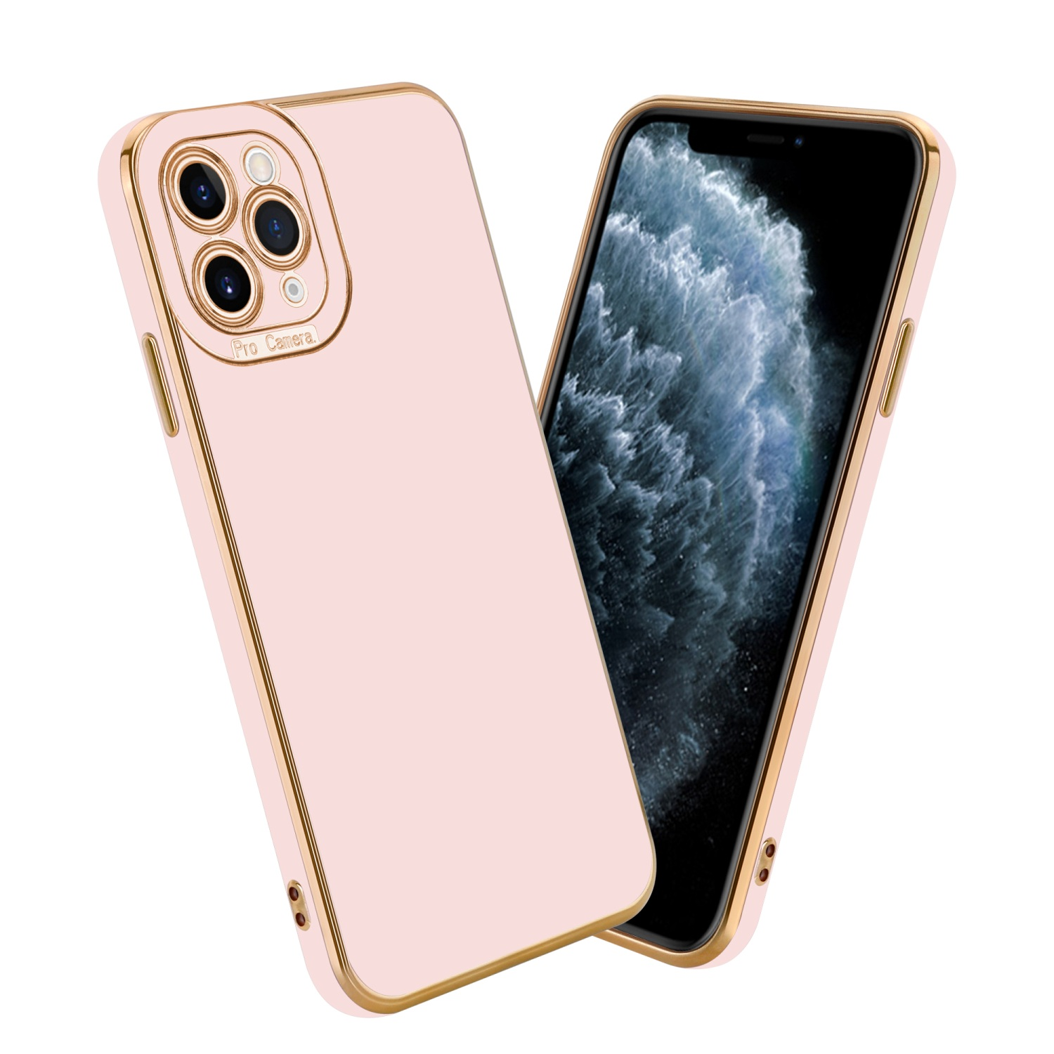Rosa Handyhülle mit goldenem Rand. Das Telefon ist rechts.