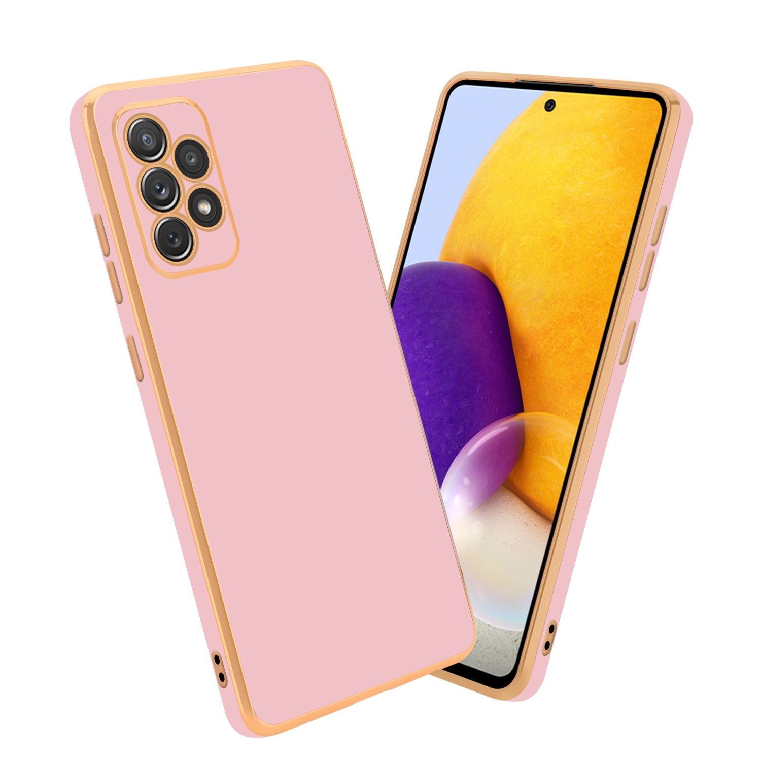Zwei rosa Handyhüllen. Eine schlicht, goldumrandet. Die andere hat einen Telefonbildschirm, Goldbesatz.