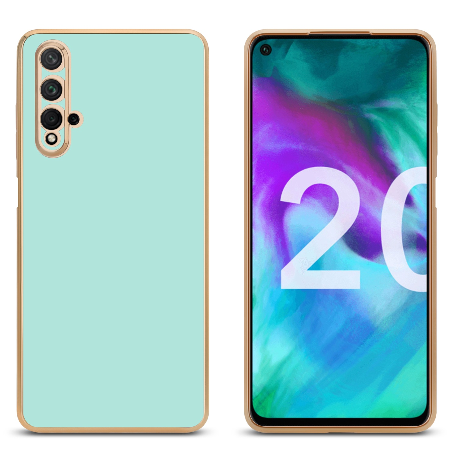 Zwei Telefone nebeneinander. Ein mintgrünes Telefon links und ein Telefonbildschirm rechts.