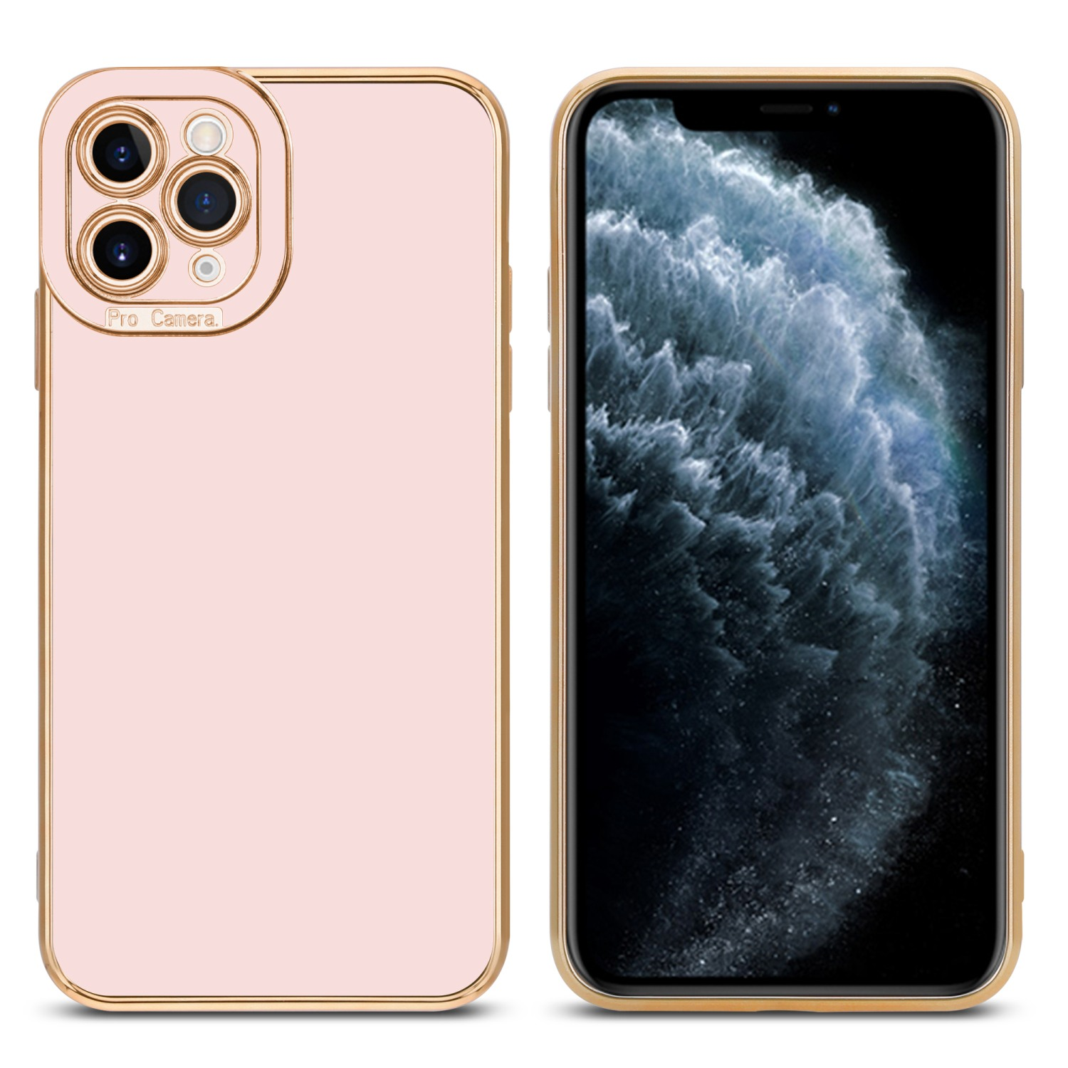 Rosa Handyhülle mit goldenen Rändern und Kameraschutz, neben einem Telefon stehend.