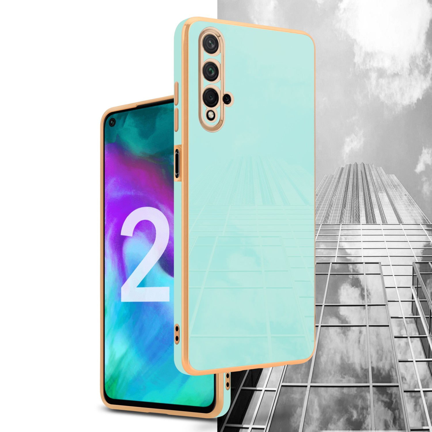 Zwei grüne Handyhüllen mit einem Telefon darin. Goldakzente auf den Hüllen.