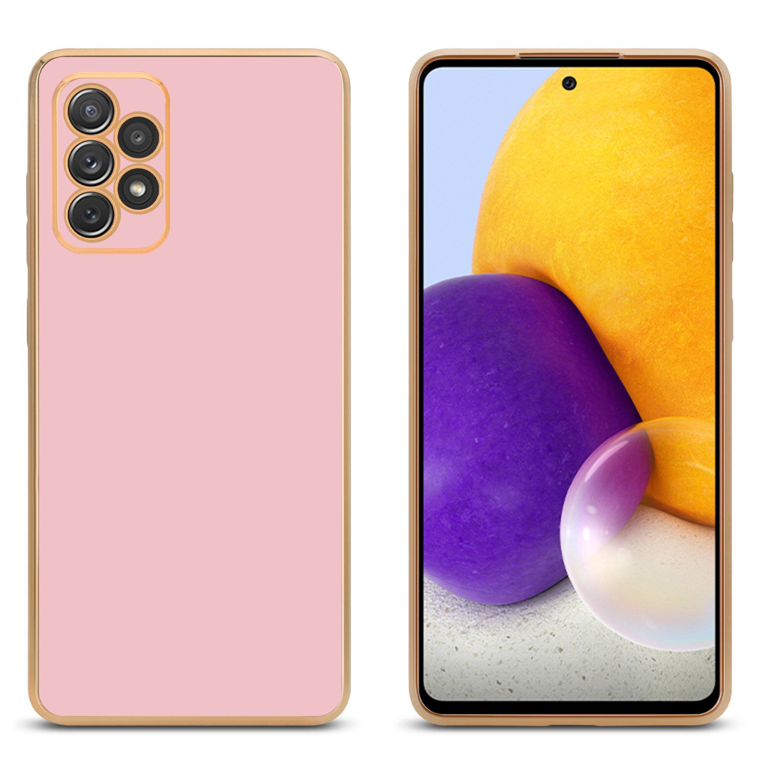 Rosa Handyhülle auf einem Telefon mit gelbem und lila Hintergrund.