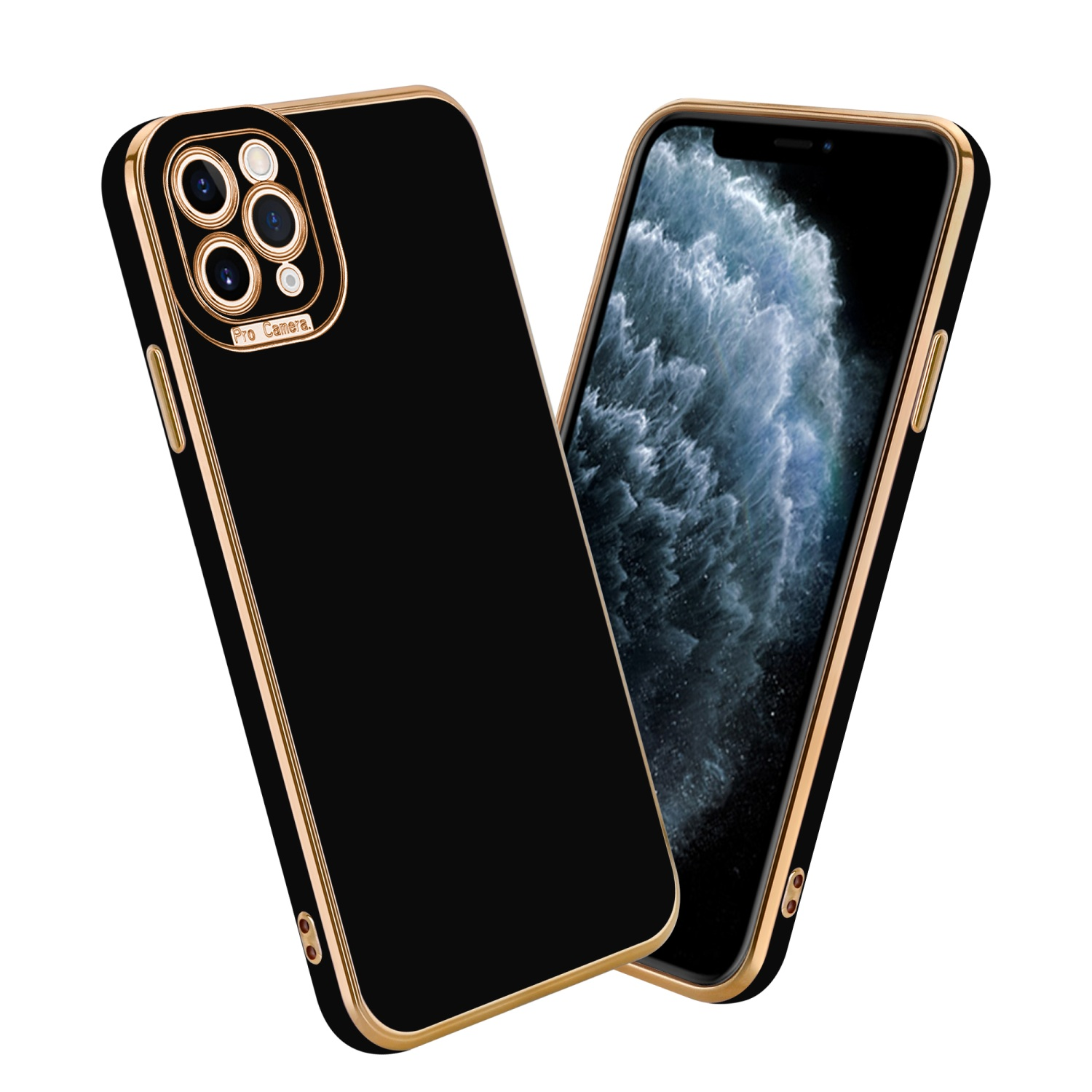 Zwei schwarze Handyhüllen mit goldenem Rand. Eine zeigt einen Telefonbildschirm. Weißer Hintergrund.