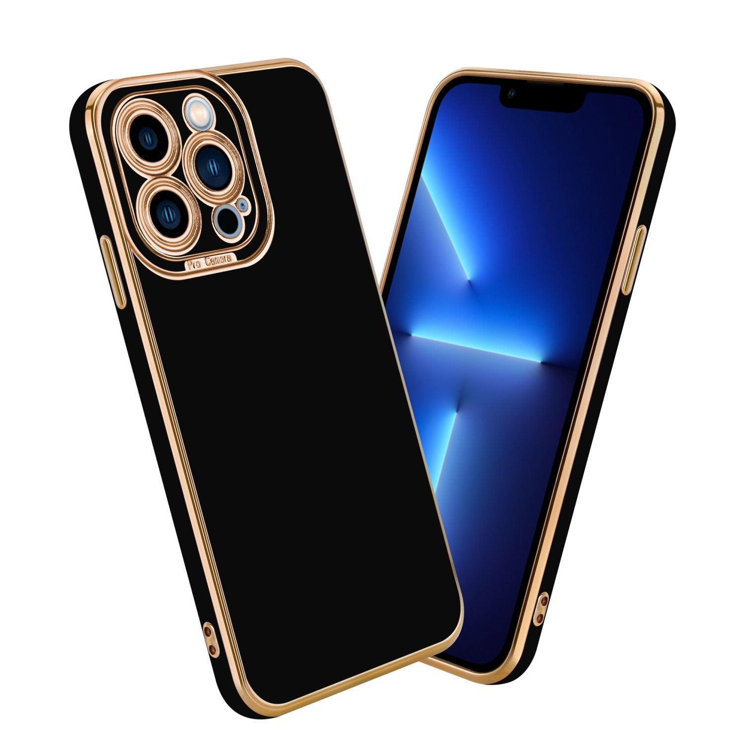 Zwei schwarze Handyhüllen. Eine schlicht, goldumrandet. Die andere hat einen Telefonbildschirm, Goldbesatz.