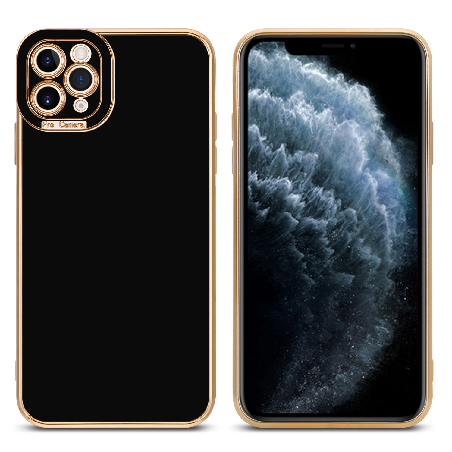 Schwarze Handyhülle mit goldenem Rahmen um ein Telefon mit Dreifachkamera. Ein Telefon, das einen verschwommenen Hintergrund anzeigt.