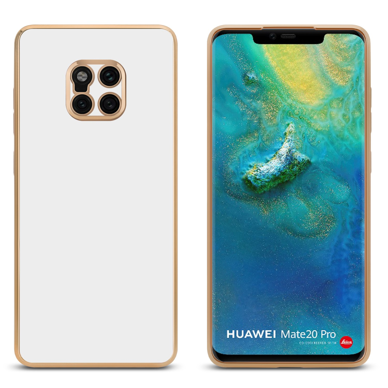 Weiße Handyhülle mit Goldrand, Telefon innen, Huawei Mate 20 Pro gezeigt.
