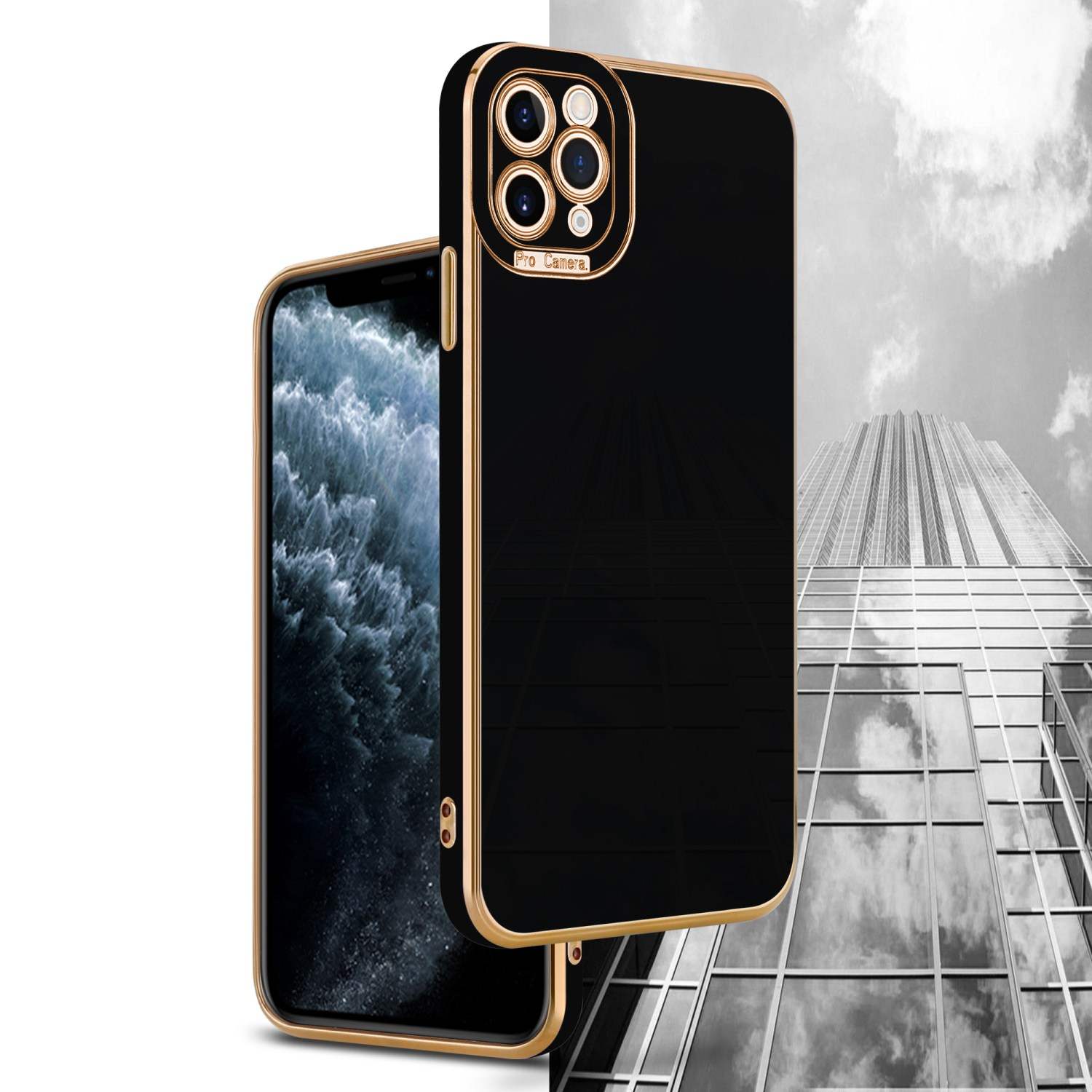 Schwarze Handyhülle mit goldenen Verzierungen und ein Telefon. Ein Hochhaus im Hintergrund. Schwarz-Weiß-Bild.