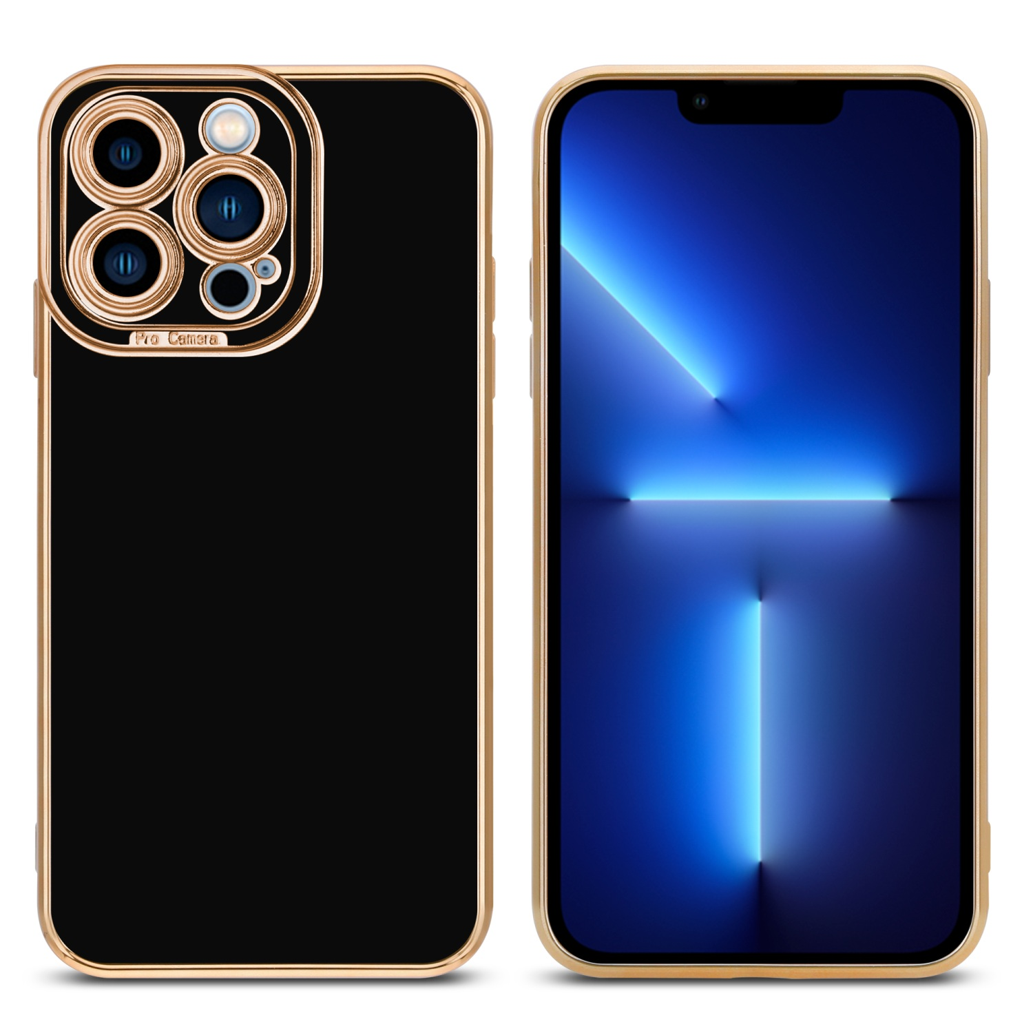 Zwei Telefone, eines schwarz mit goldener Umrandung und Kamera, und eines mit blauem Bildschirm.