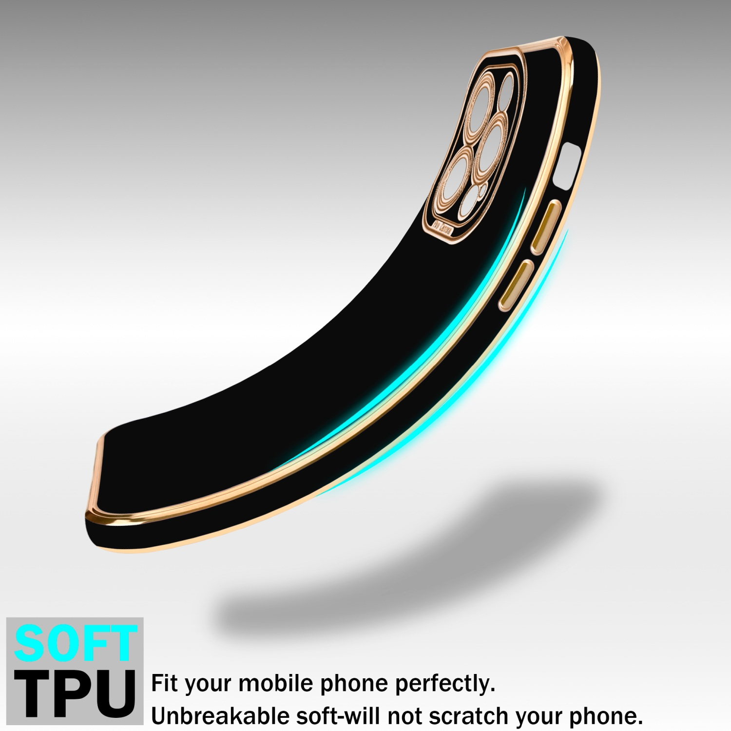 Schwarze Handyhülle mit goldenen Kanten und blauem Leuchteffekt, mit Soft-TPU-Etikett.