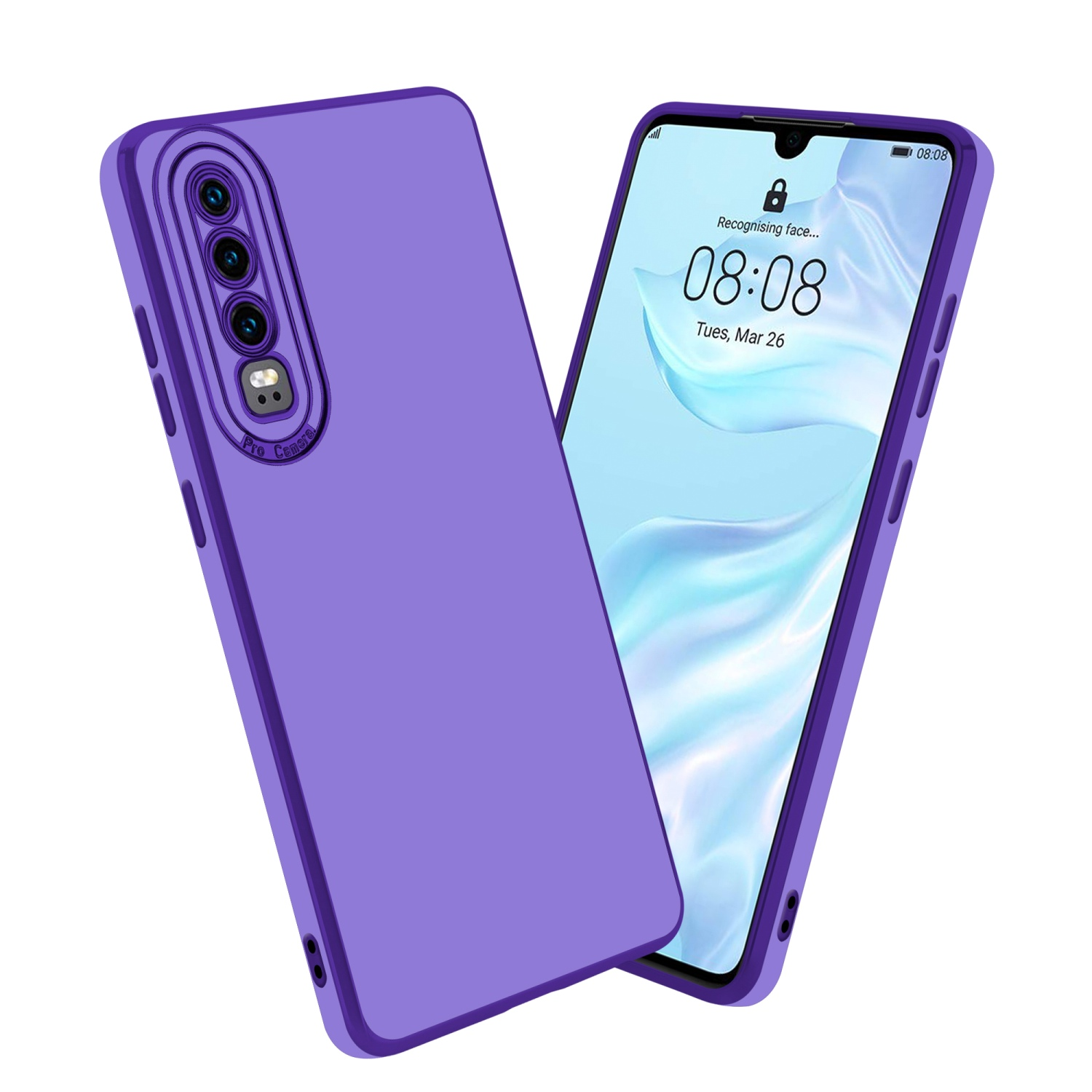 Lila Handyhülle mit einem Telefon. Das Telefon zeigt einen gesperrten Bildschirm.