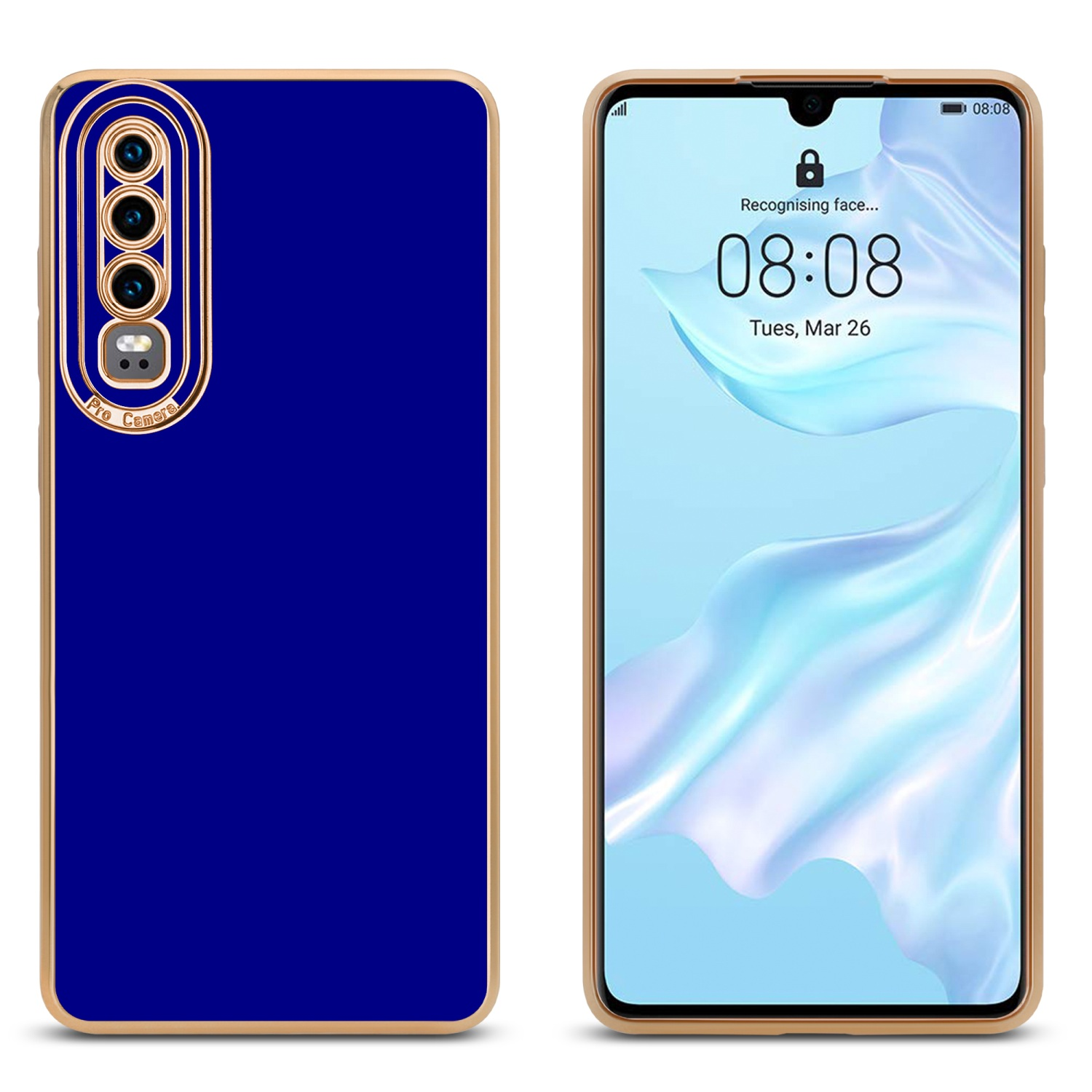 Ein blaues Telefon mit goldenem Rand und einer Handyhülle. Das Telefon zeigt Uhrzeit und Datum an. Hintergrund ist weiß.