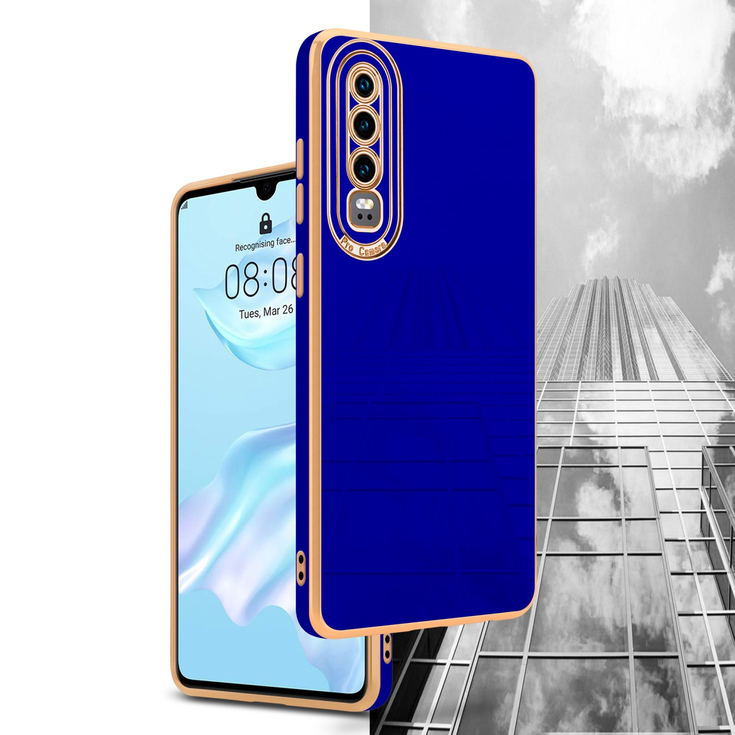 Blaue Handyhülle mit goldenen Akzenten. Telefon zeigt Gesichtserkennung. Schwarz-Weiß-Hintergrund.