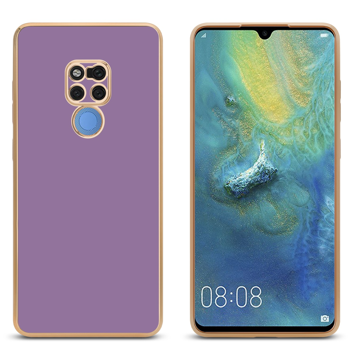 Lila Handyhülle und Telefon, Telefon rechts. Zeit wird angezeigt.