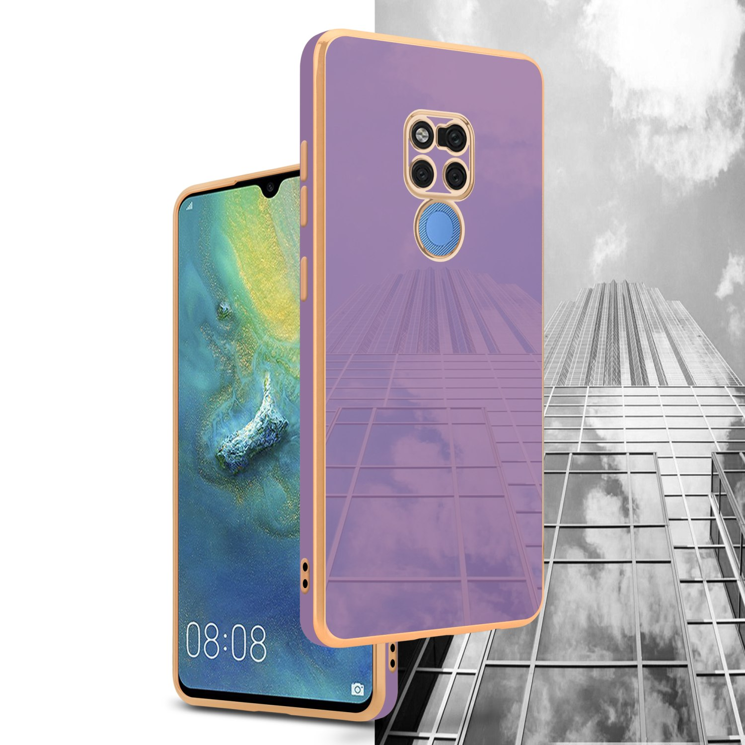 Zwei Telefone mit Hüllen. Eines ist vorne und eines hinten. Der Hintergrund ist eine Gebäudereflektion.