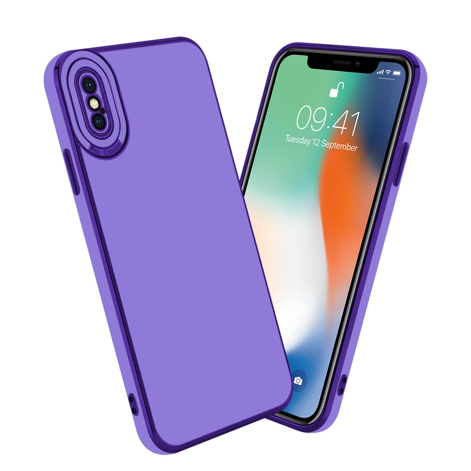 Lila Handyhülle mit Kameraerhöhung und Handy mit Bildschirm rechts.