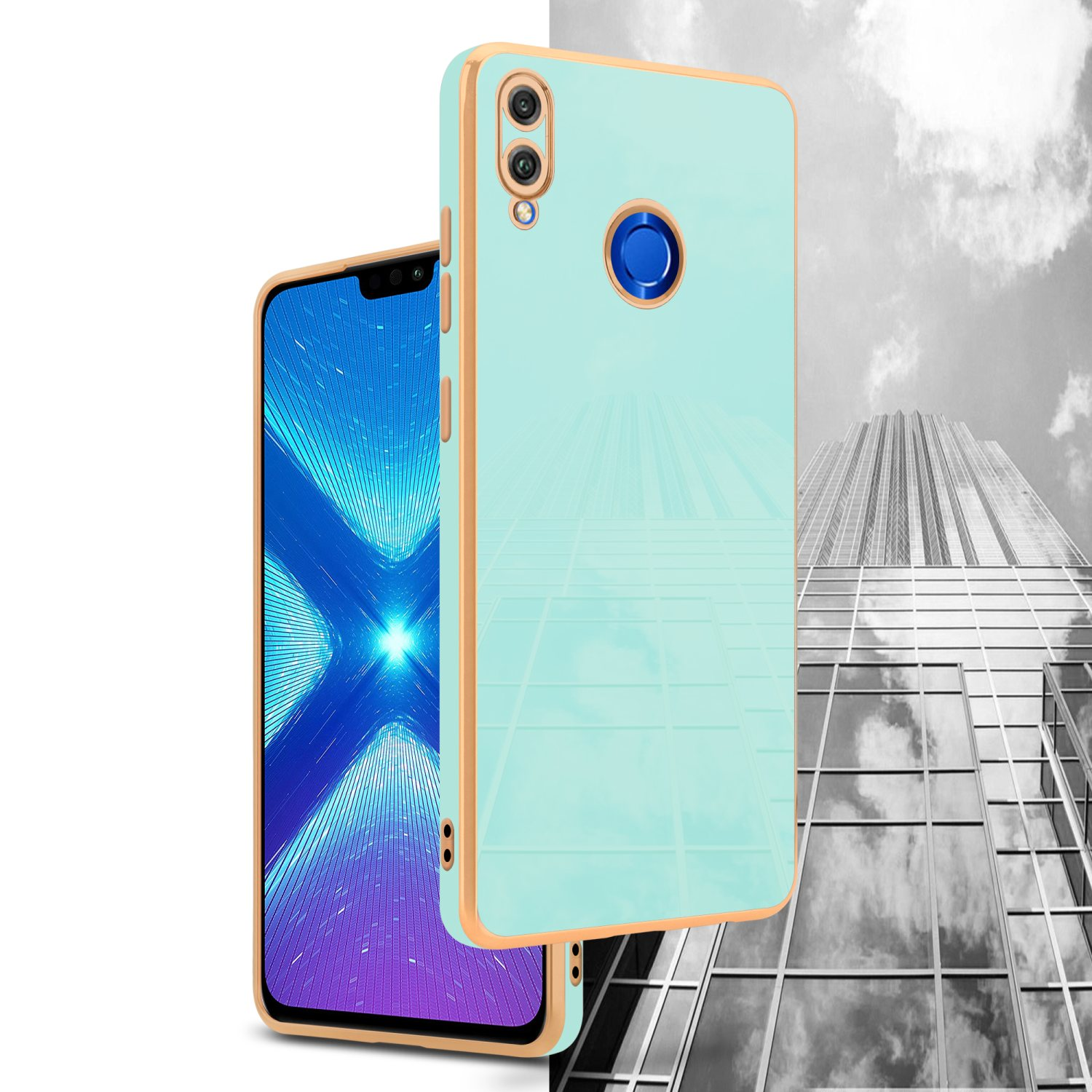 Zwei Smartphones, eines in einer Hülle, in der Nähe eines Gebäudes.