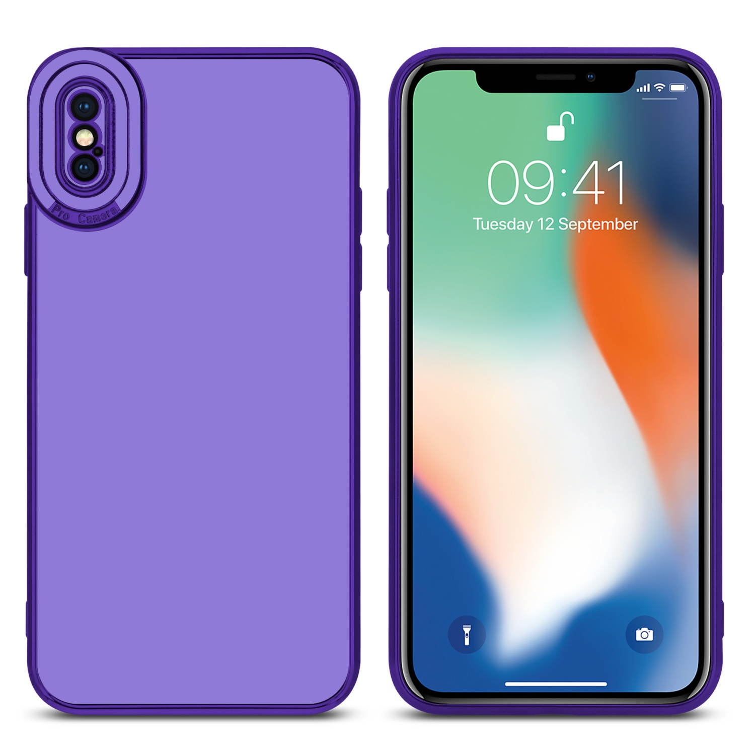 Lila Handyhülle mit schwarzem Telefonbildschirm mit Uhrzeit und Datum.