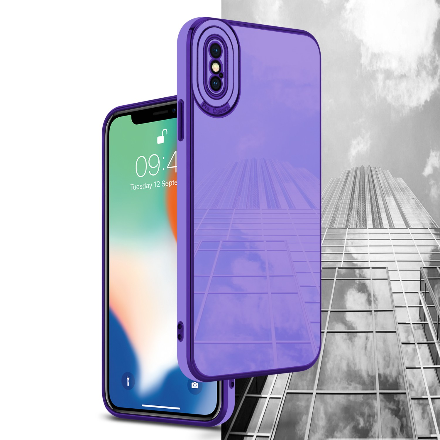 Lila Handyhülle und Handy. Im Hintergrund spiegelt sich ein Wolkenkratzer. Das Handy zeigt Uhrzeit und Datum.
