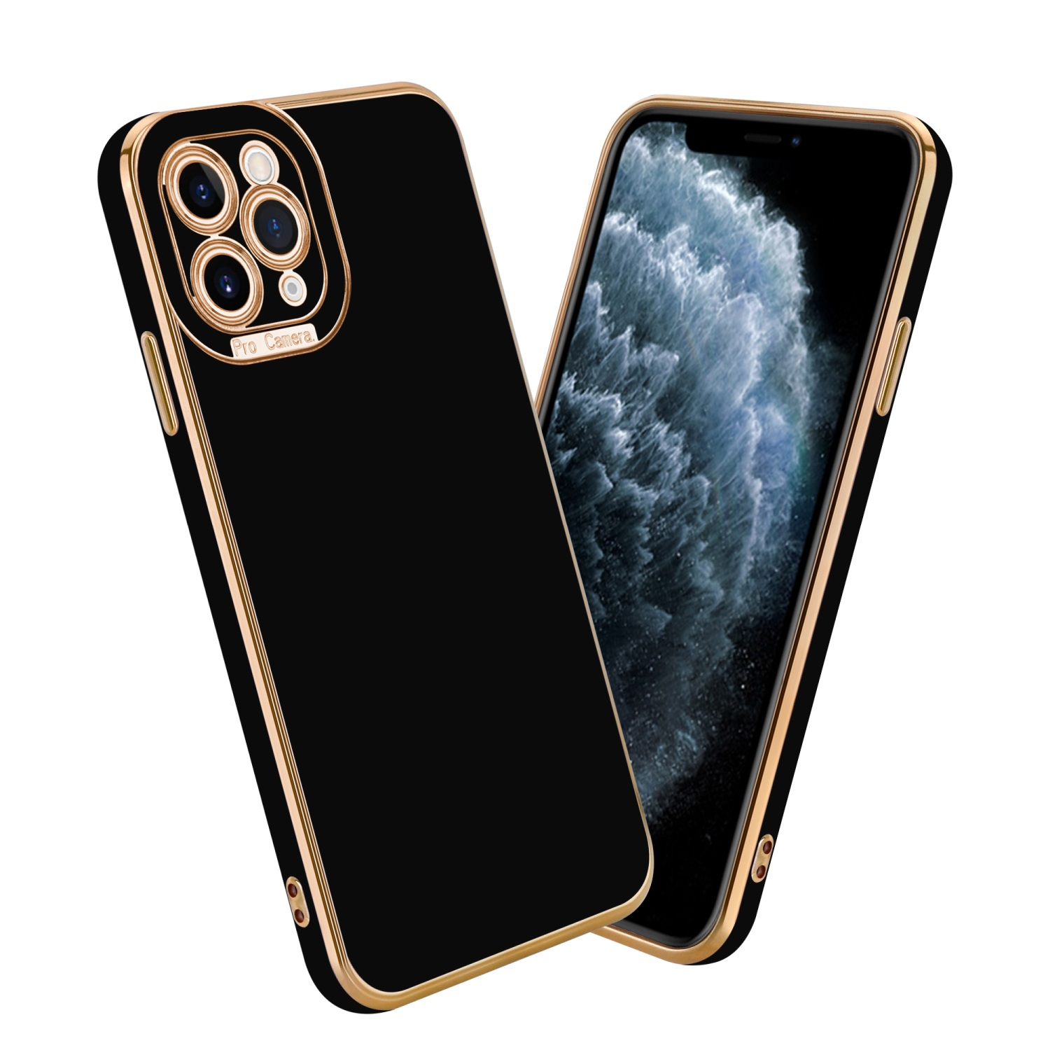 Schwarze Handyhülle mit goldenen Rändern. Telefon ist innen, zeigt schwarzen Hintergrund.