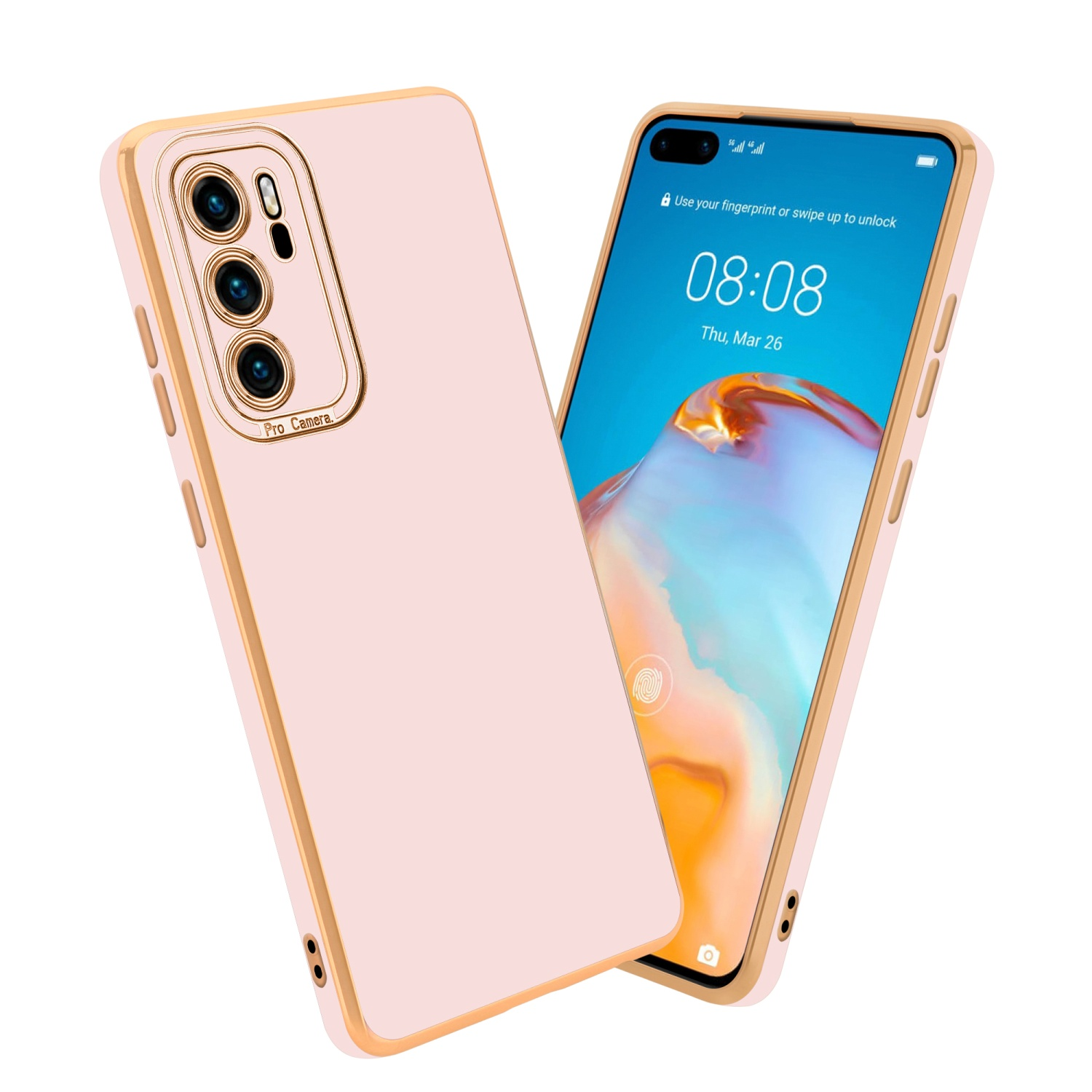 Rosafarbene Handyhülle mit goldfarbenem Rand. Telefonbildschirm sichtbar. Weißer Hintergrund.
