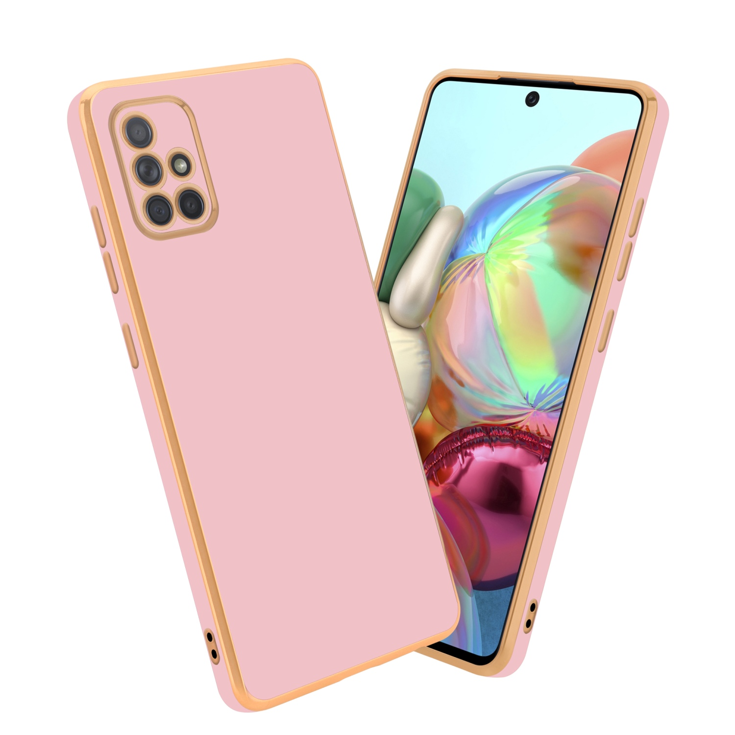 Rosa Handyhüllen mit goldfarbenem Rand. Eine Hülle ist auf einem Telefon, die andere ist separat. Weißer Hintergrund.