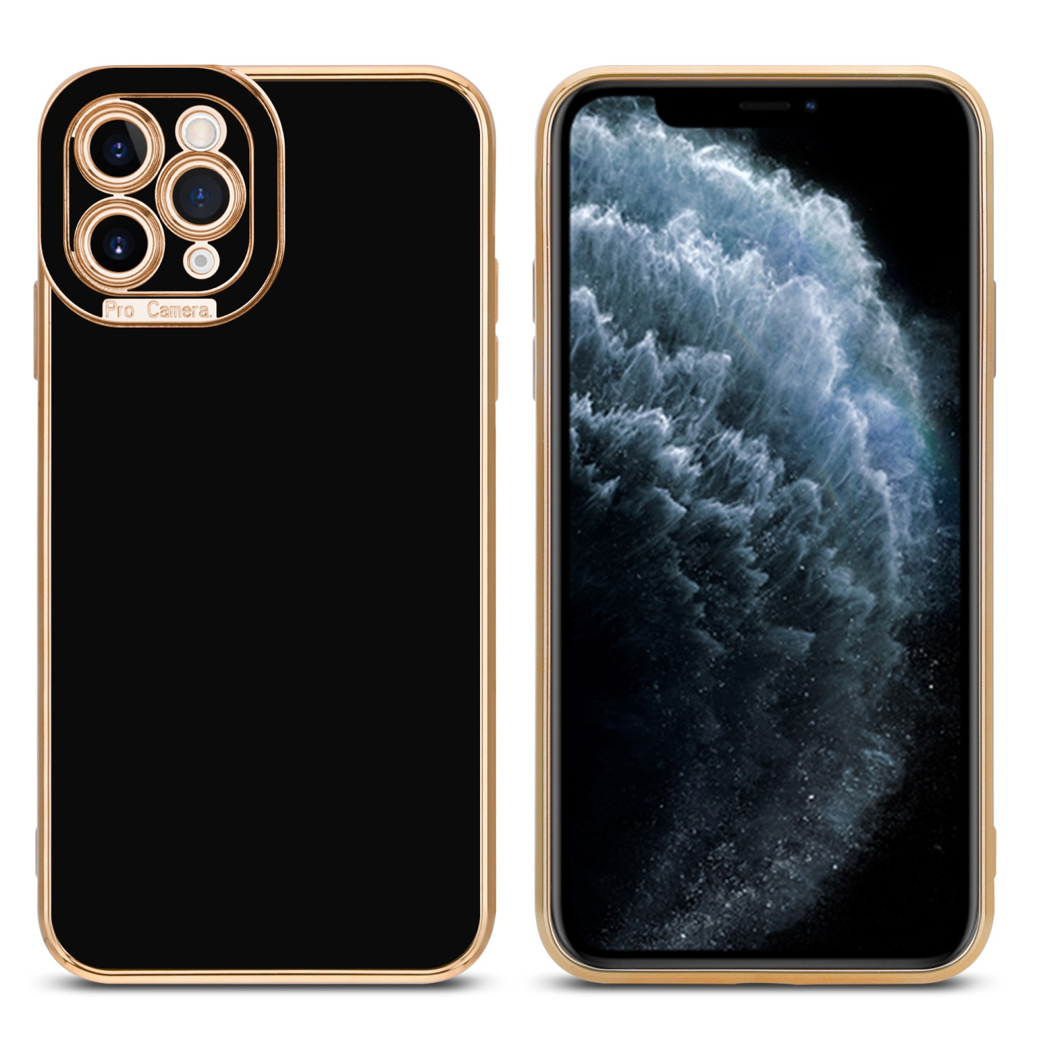 Schwarzes Handycase mit goldenen Kanten. Das Case hat Kameraausschnitte. Das Telefon zeigt einen Bildschirm.
