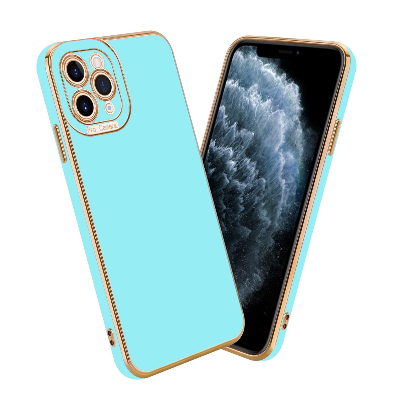 Hellblaue Handyhülle und Telefon mit Bildschirm. Die Hülle bedeckt die Rückseite.