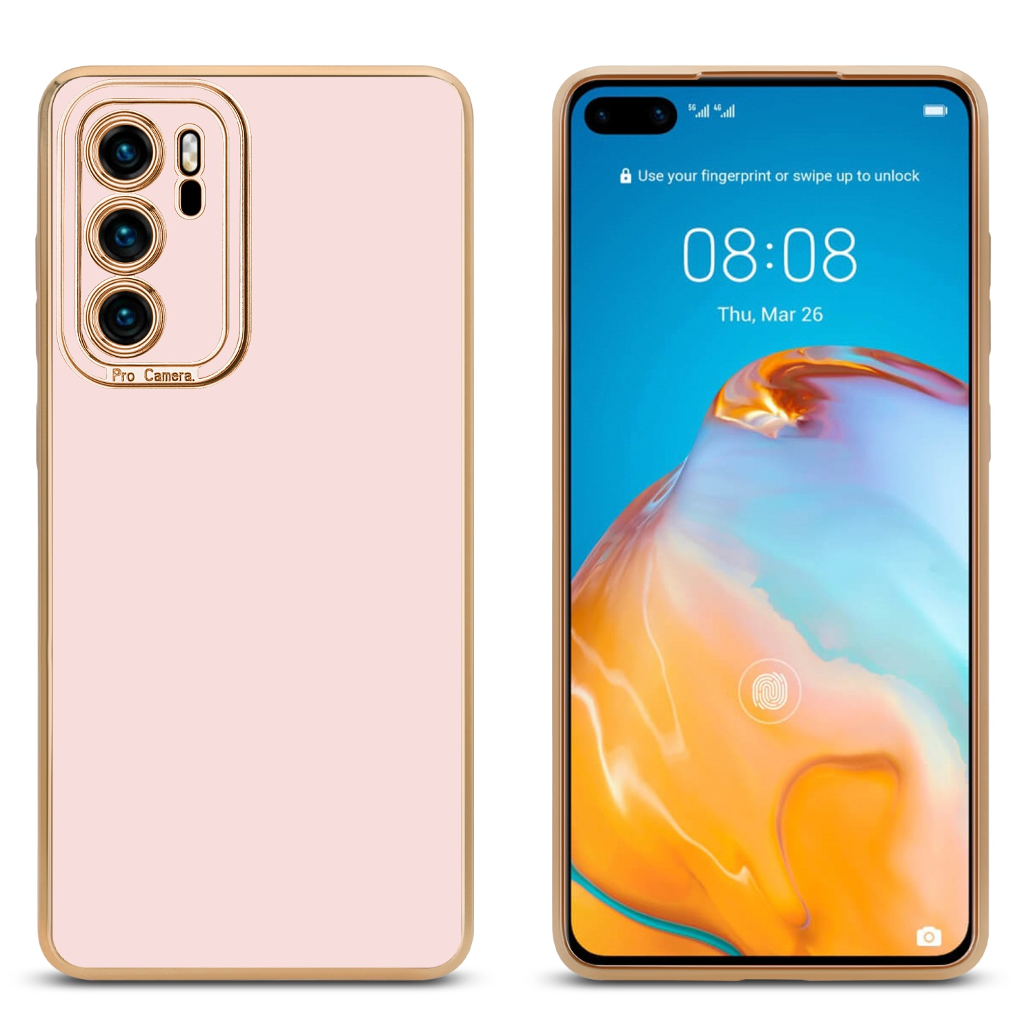 Rosa Handyhülle und Telefon. Telefon zeigt Zeit und Huawei-Logo.